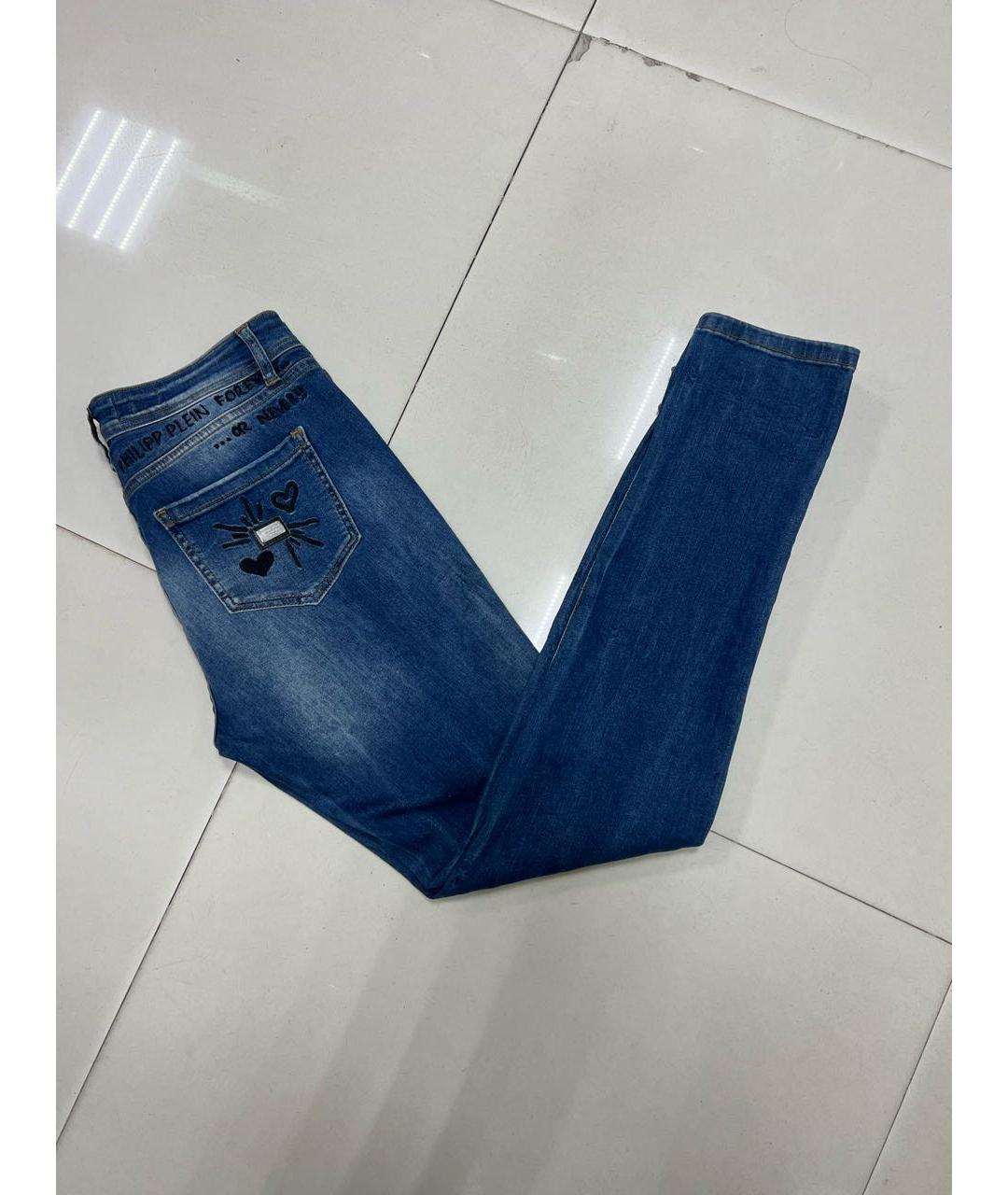 PHILIPP PLEIN Синие хлопко-эластановые прямые джинсы, фото 3