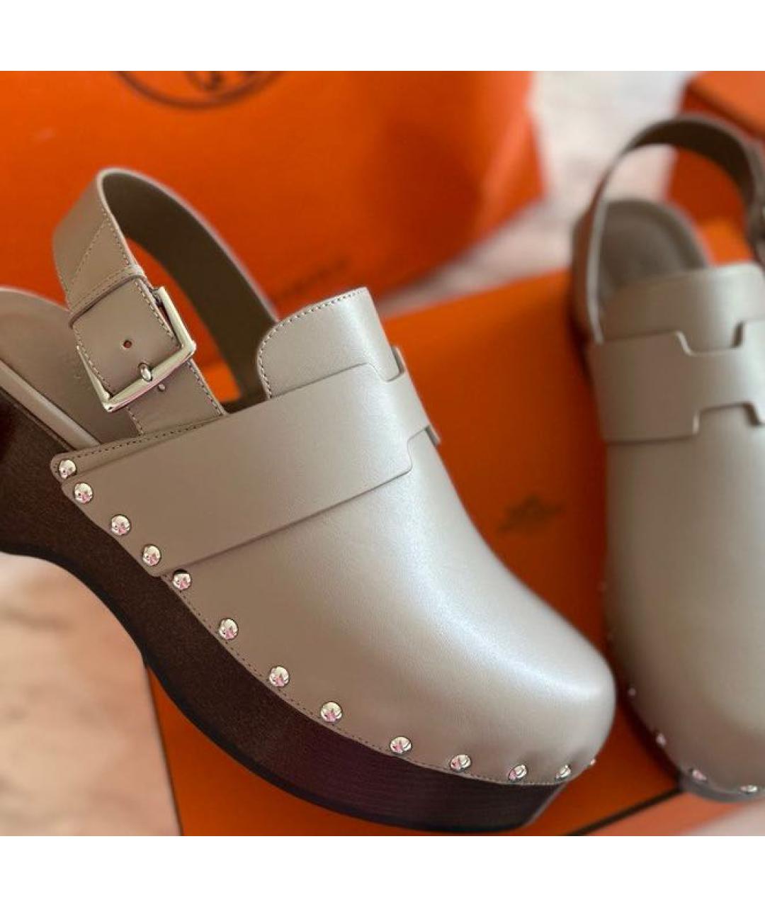 HERMES Серые кожаные сабо, фото 1