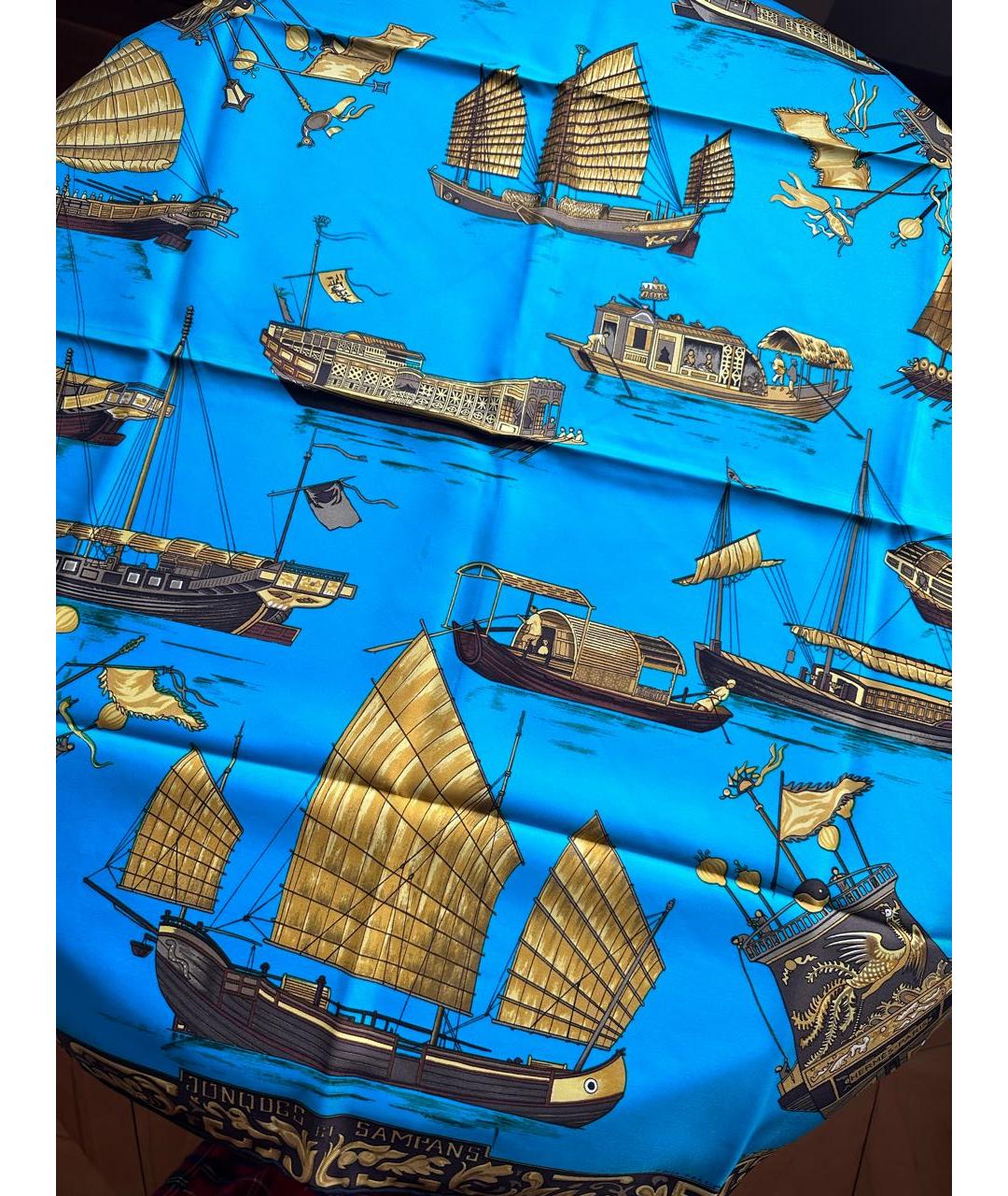 HERMES Бирюзовый шелковый платок, фото 5