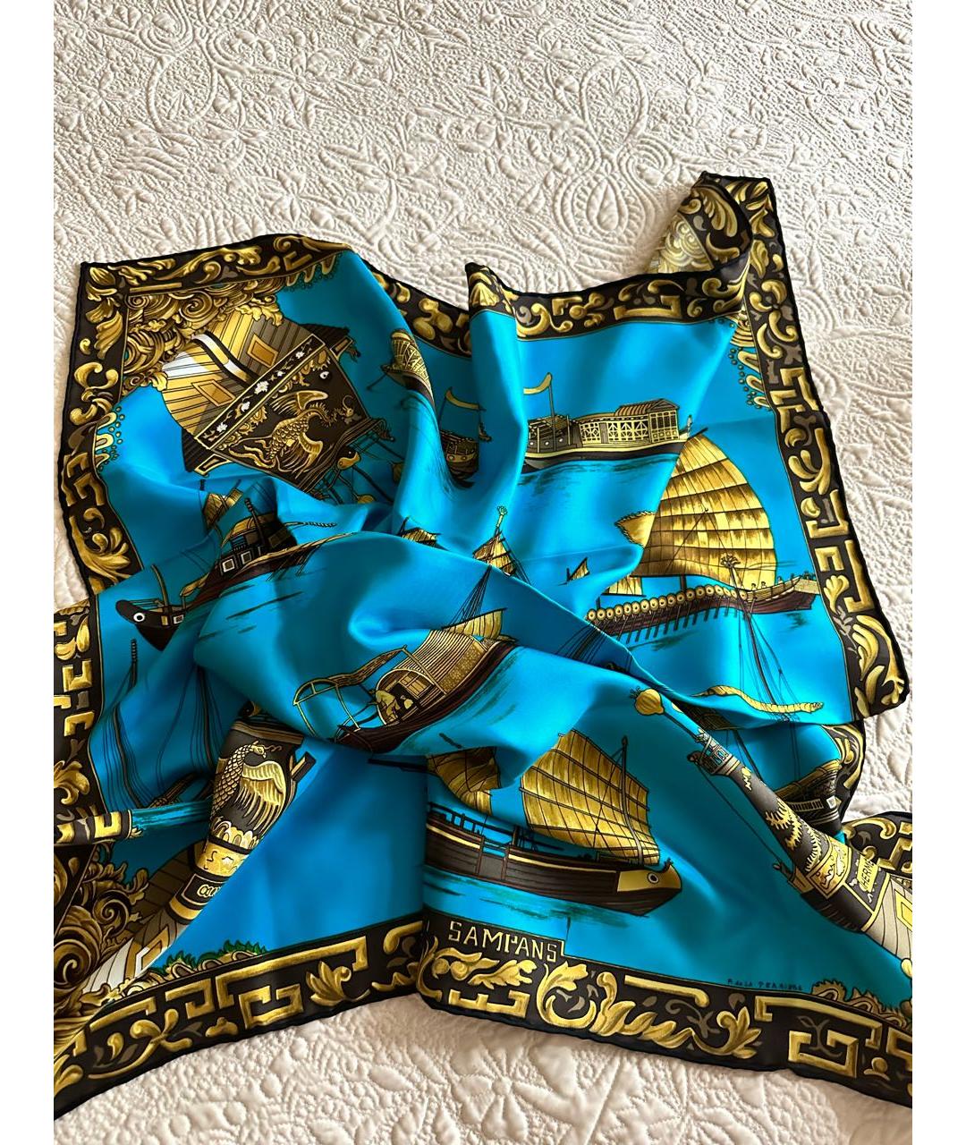 HERMES Бирюзовый шелковый платок, фото 6