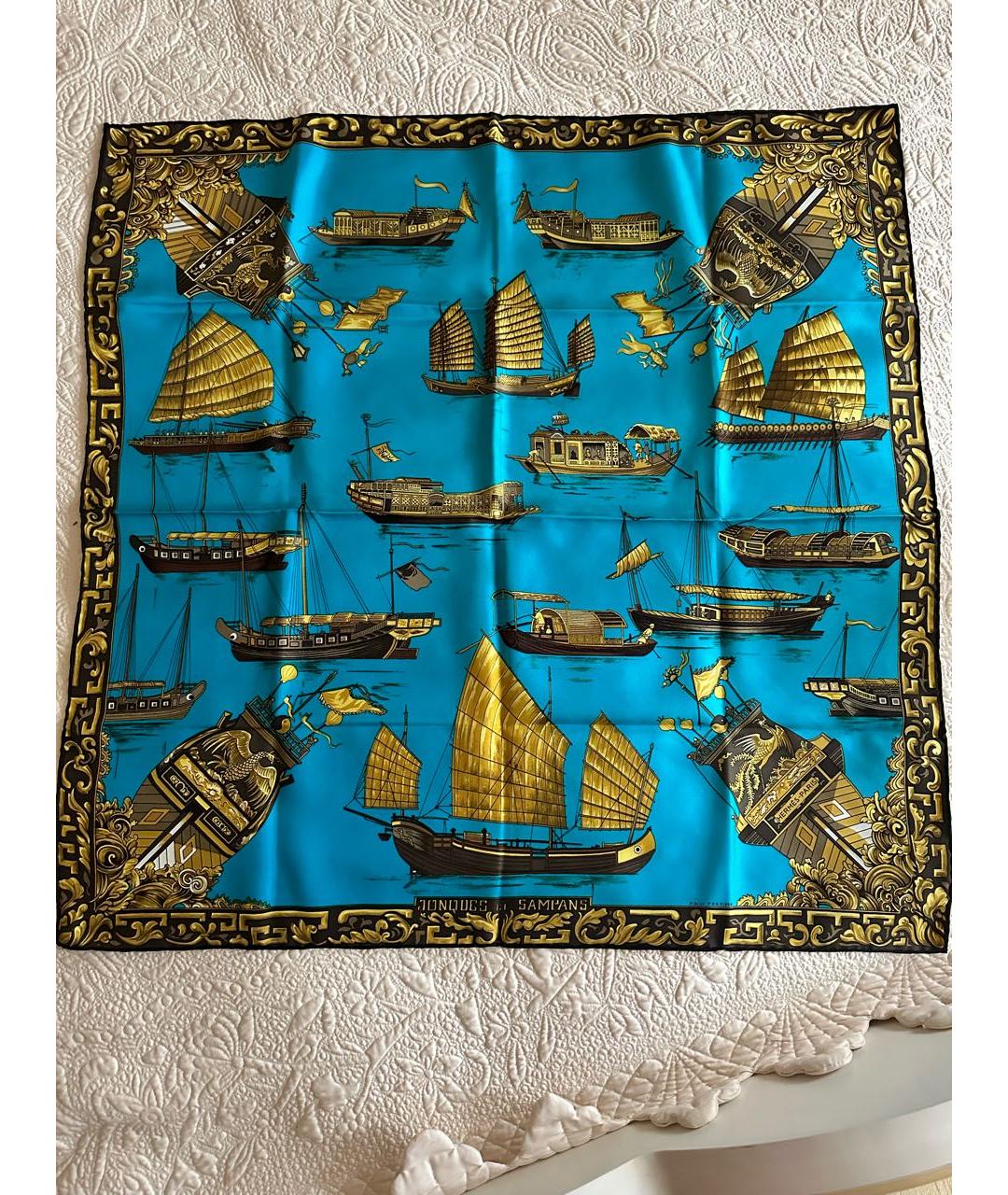 HERMES Бирюзовый шелковый платок, фото 7