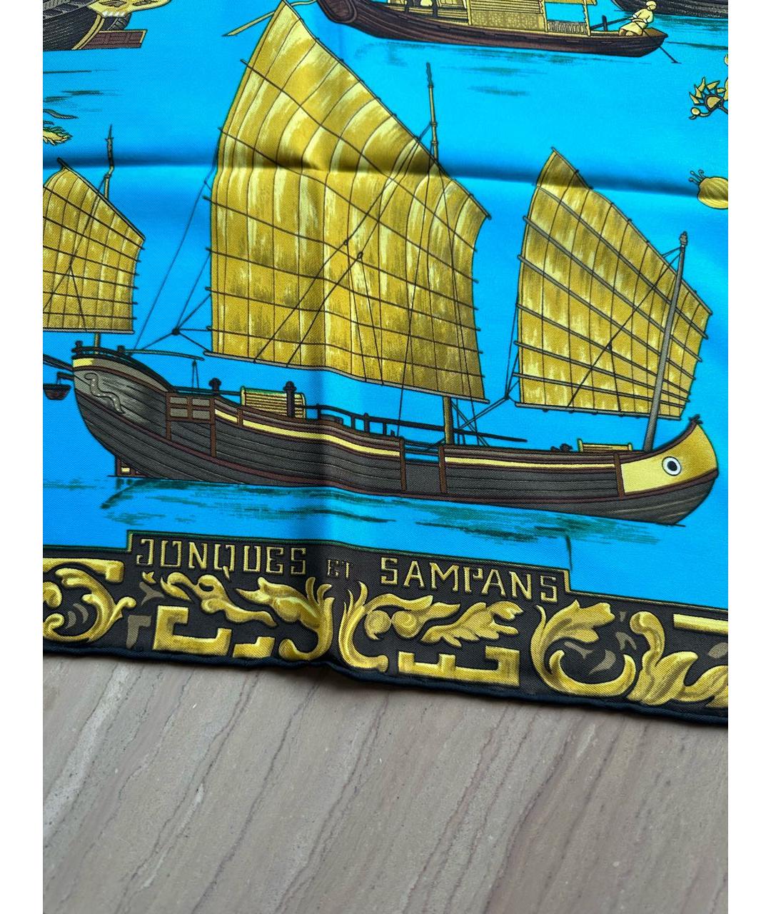 HERMES Бирюзовый шелковый платок, фото 2