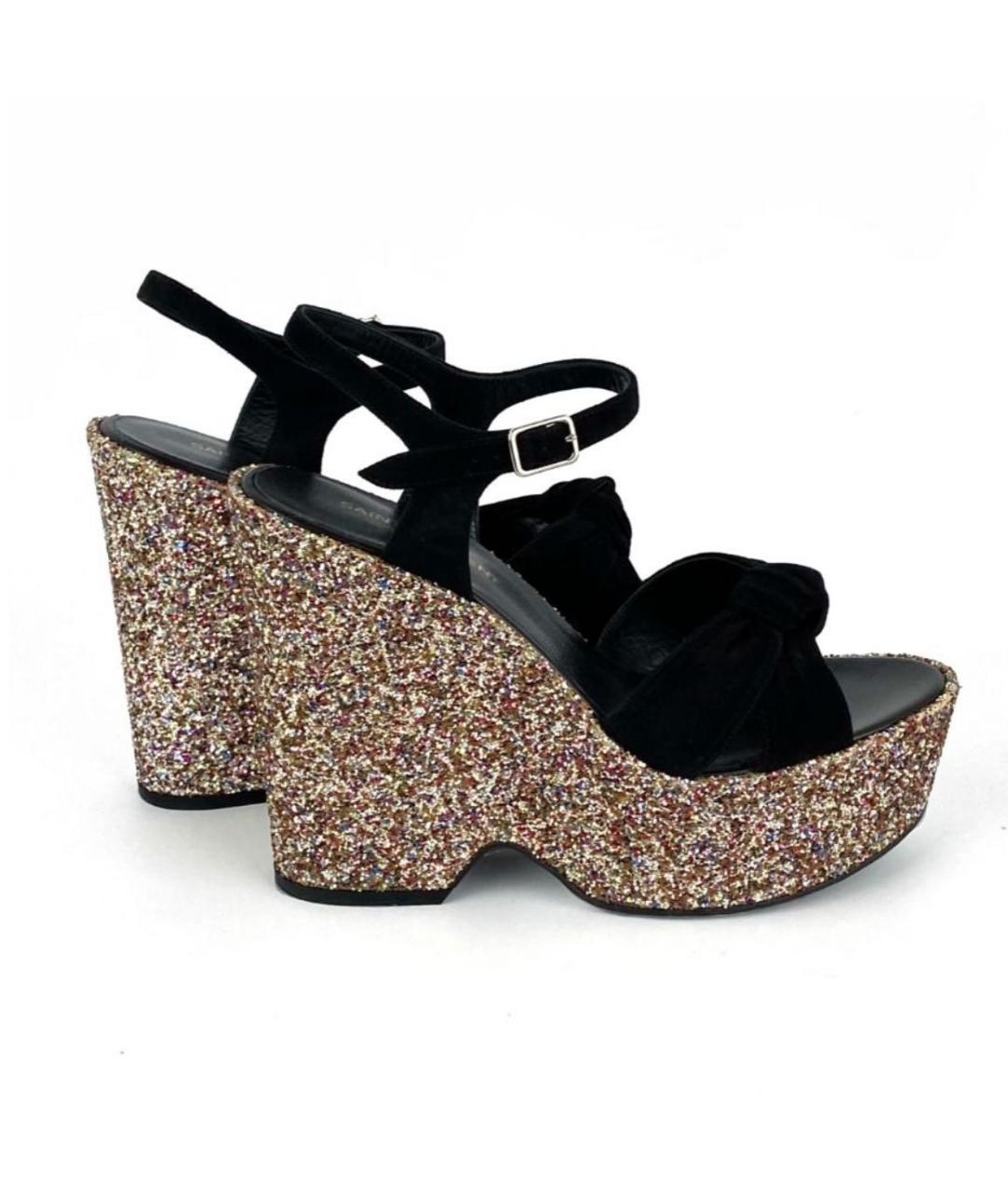 SAINT LAURENT Черные бархатные босоножки, фото 5