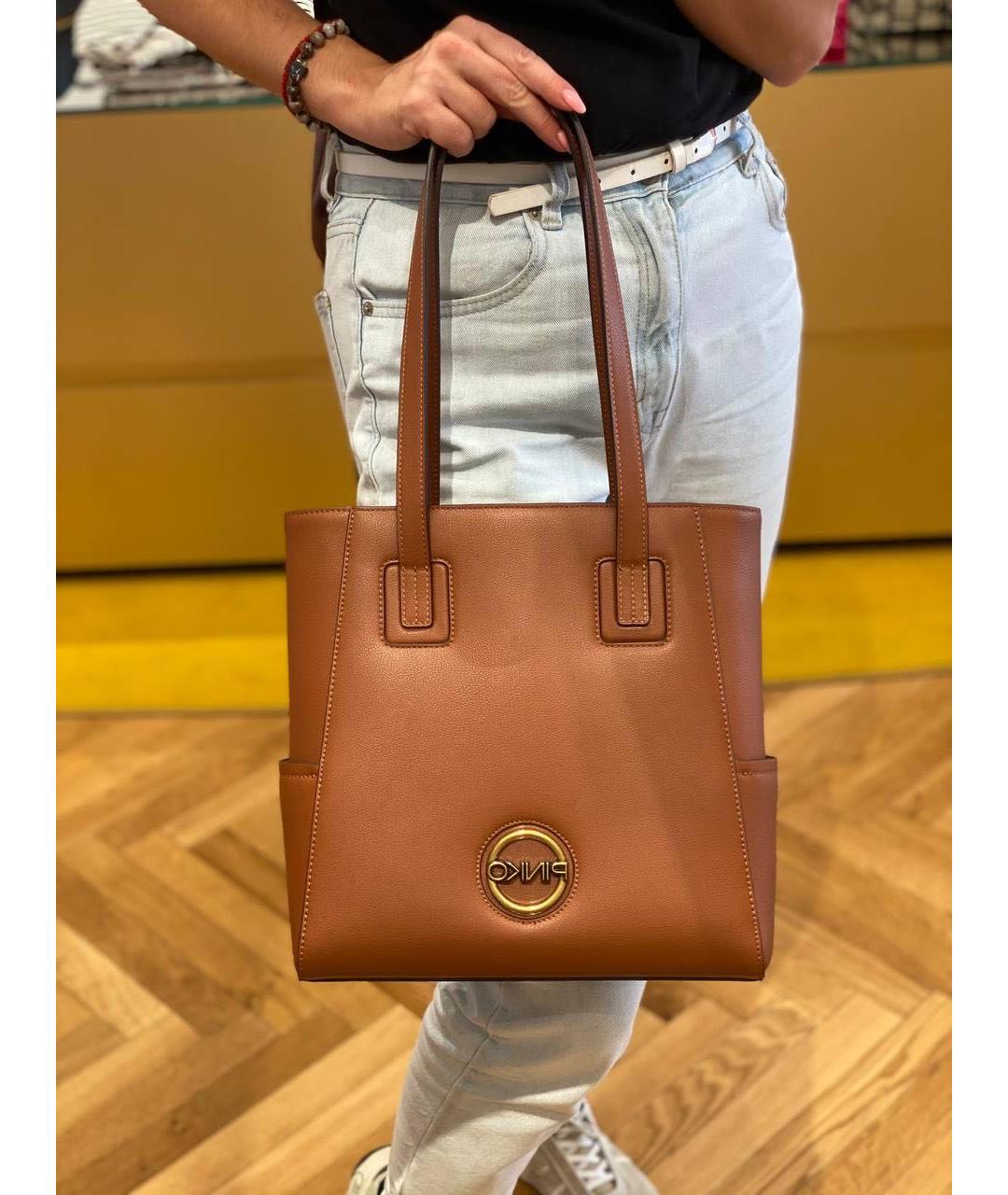 PINKO Коричневая кожаная сумка тоут, фото 2