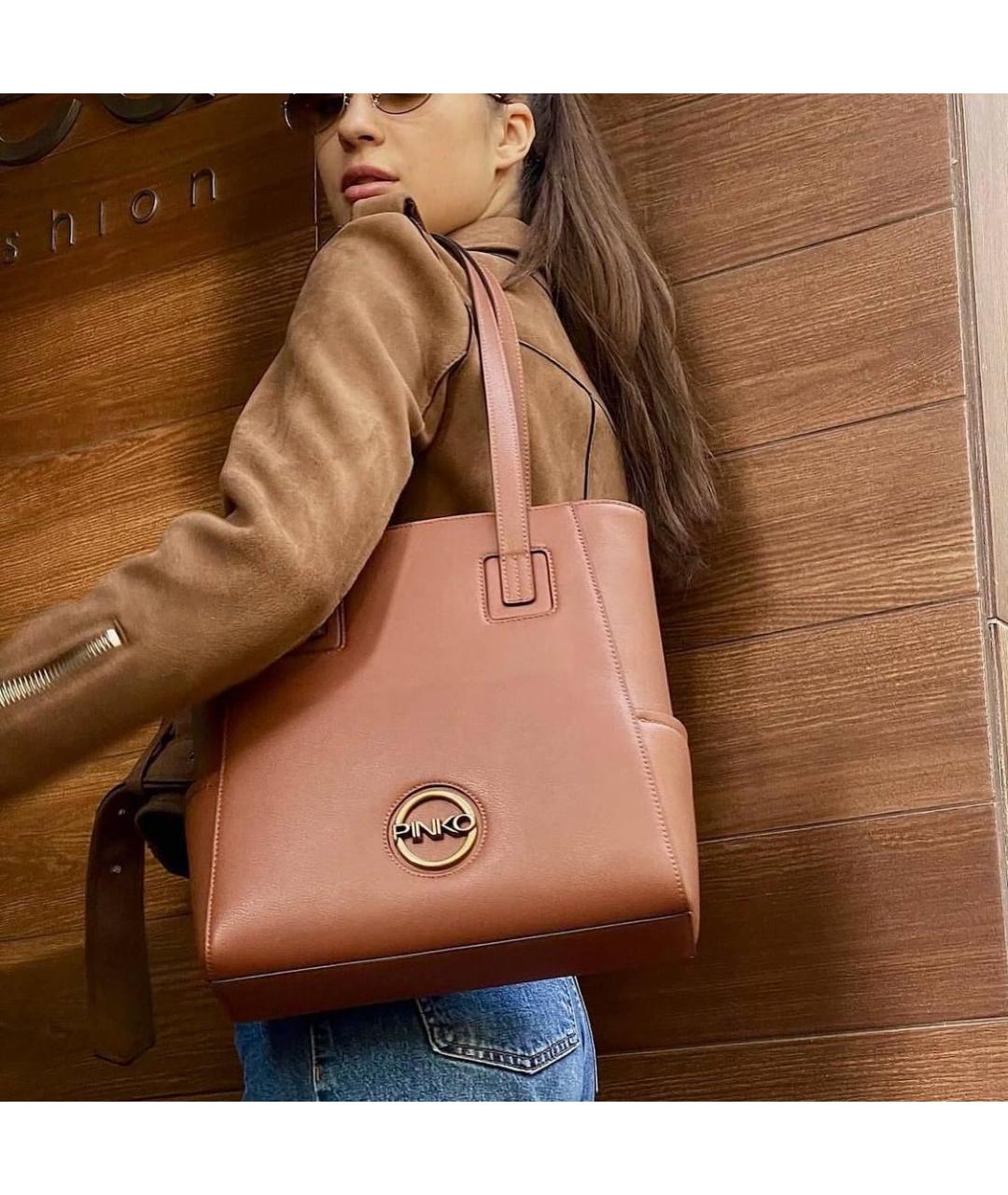 PINKO Коричневая кожаная сумка тоут, фото 8