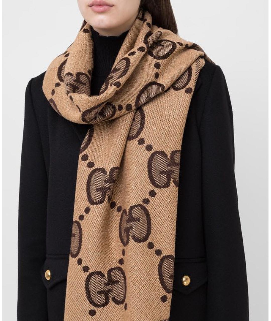 GUCCI Бежевый шерстяной шарф, фото 4