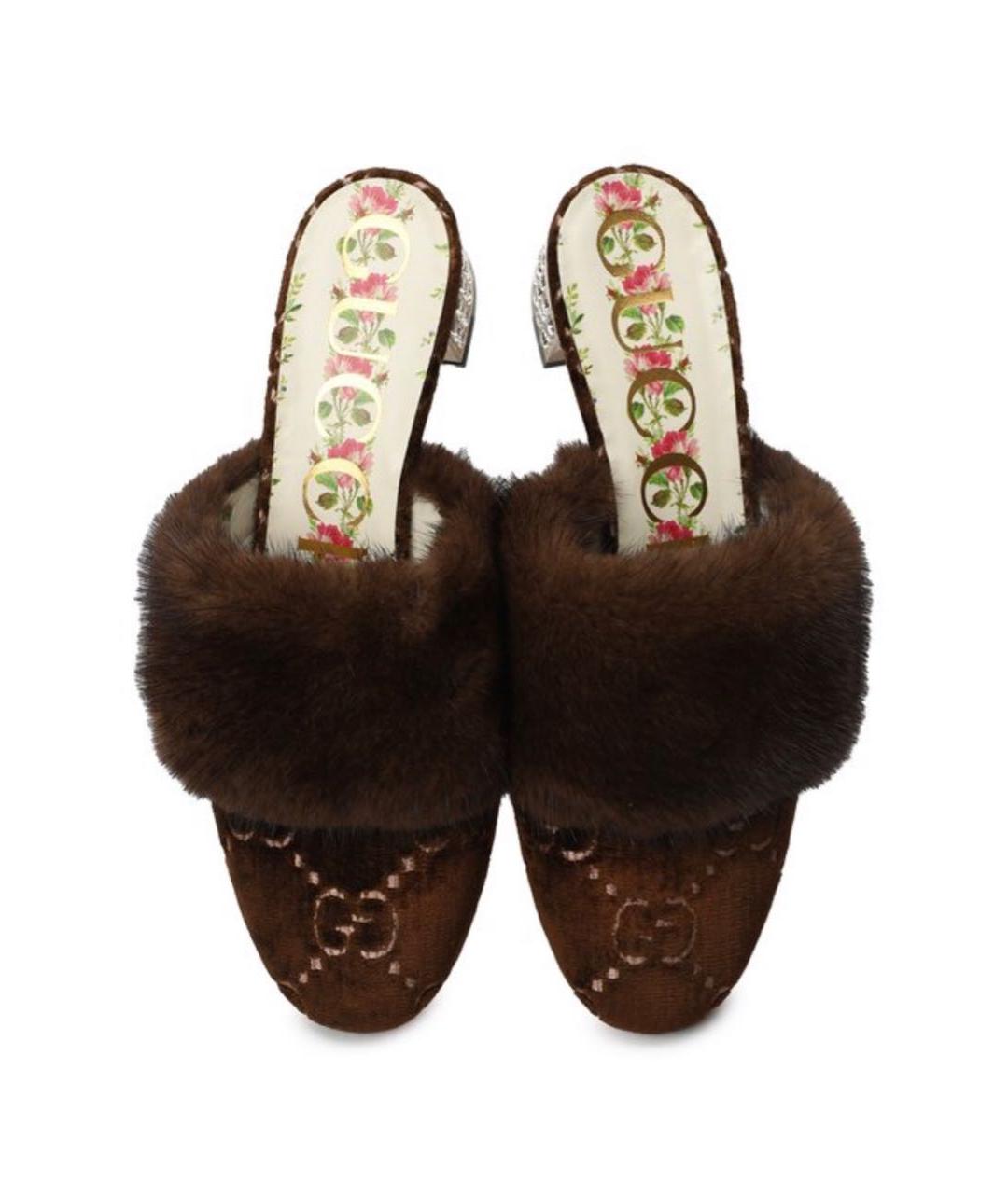 GUCCI Коричневые бархатные мюли, фото 3