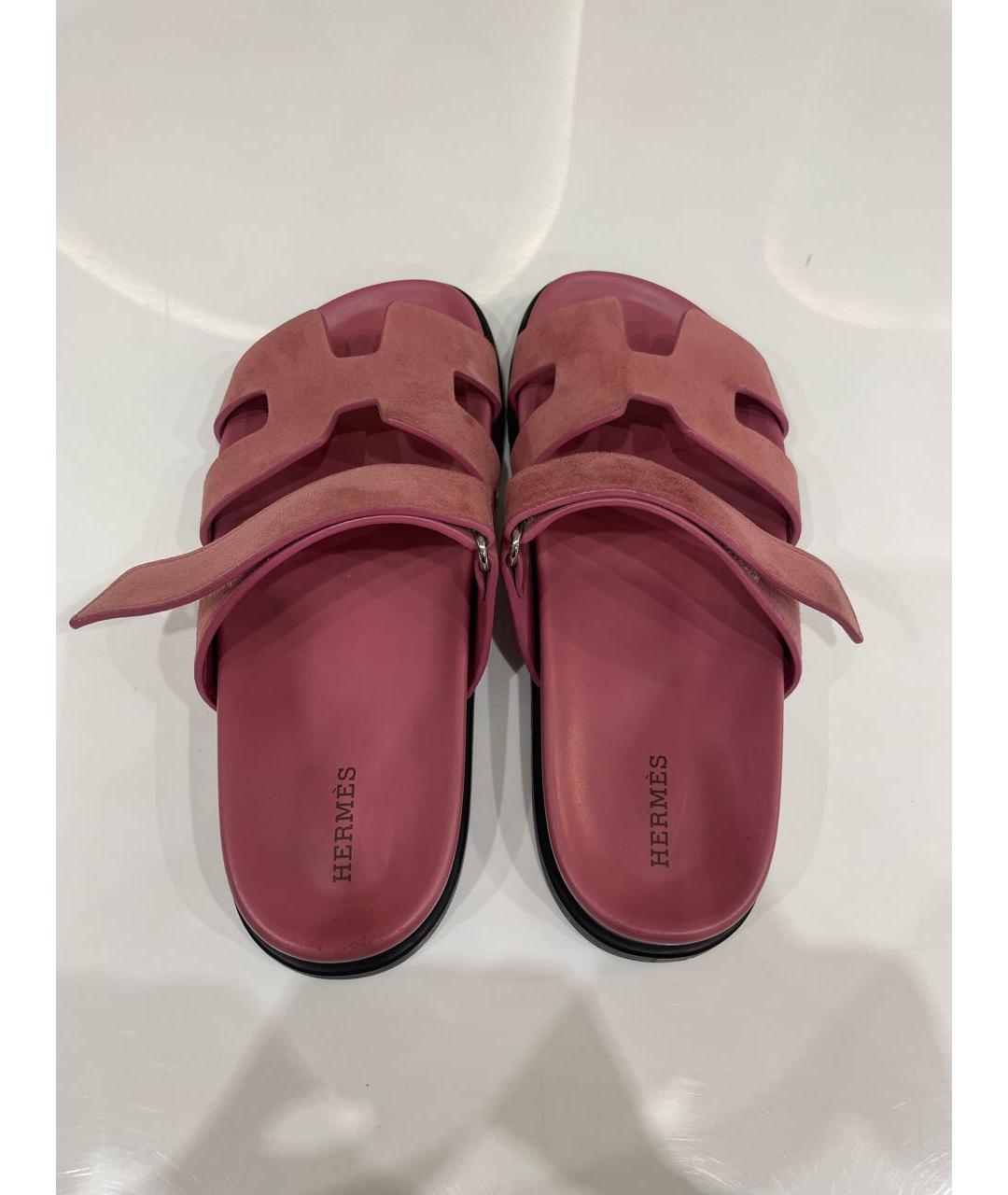 HERMES Коралловые замшевые шлепанцы, фото 4