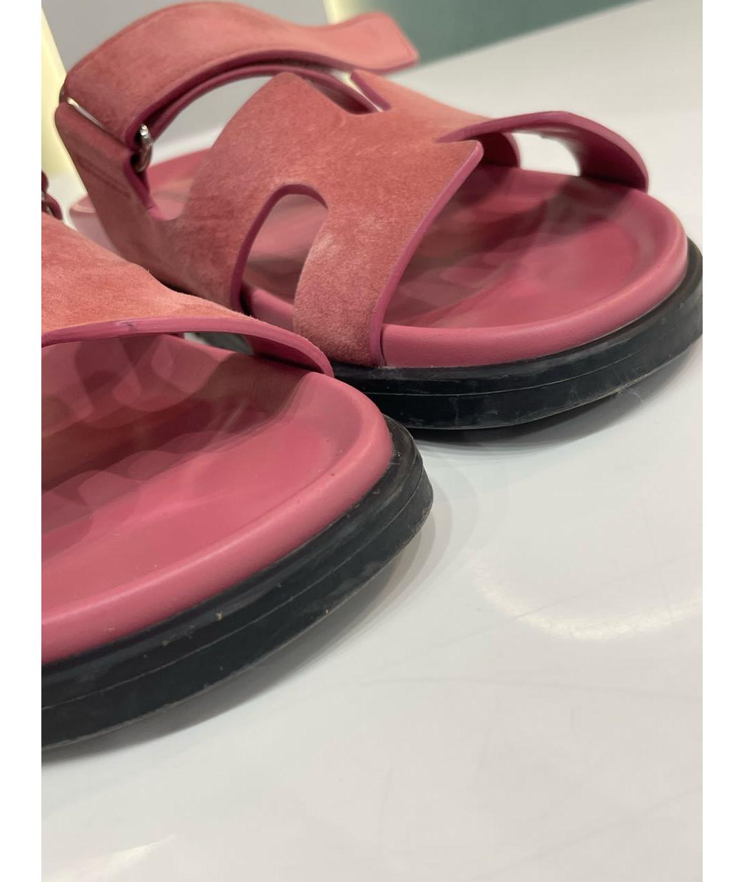 HERMES Коралловые замшевые шлепанцы, фото 7