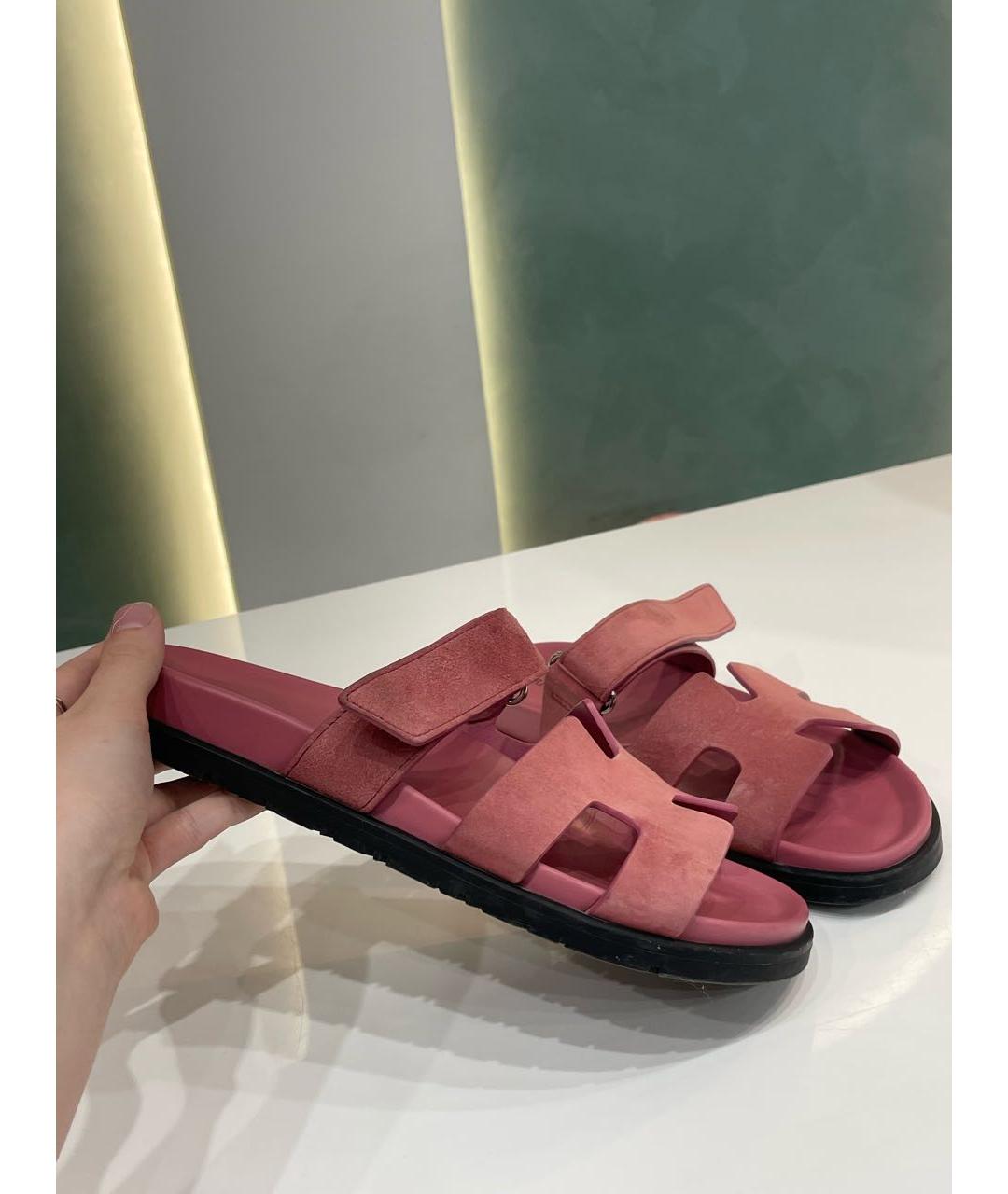 HERMES Коралловые замшевые шлепанцы, фото 8
