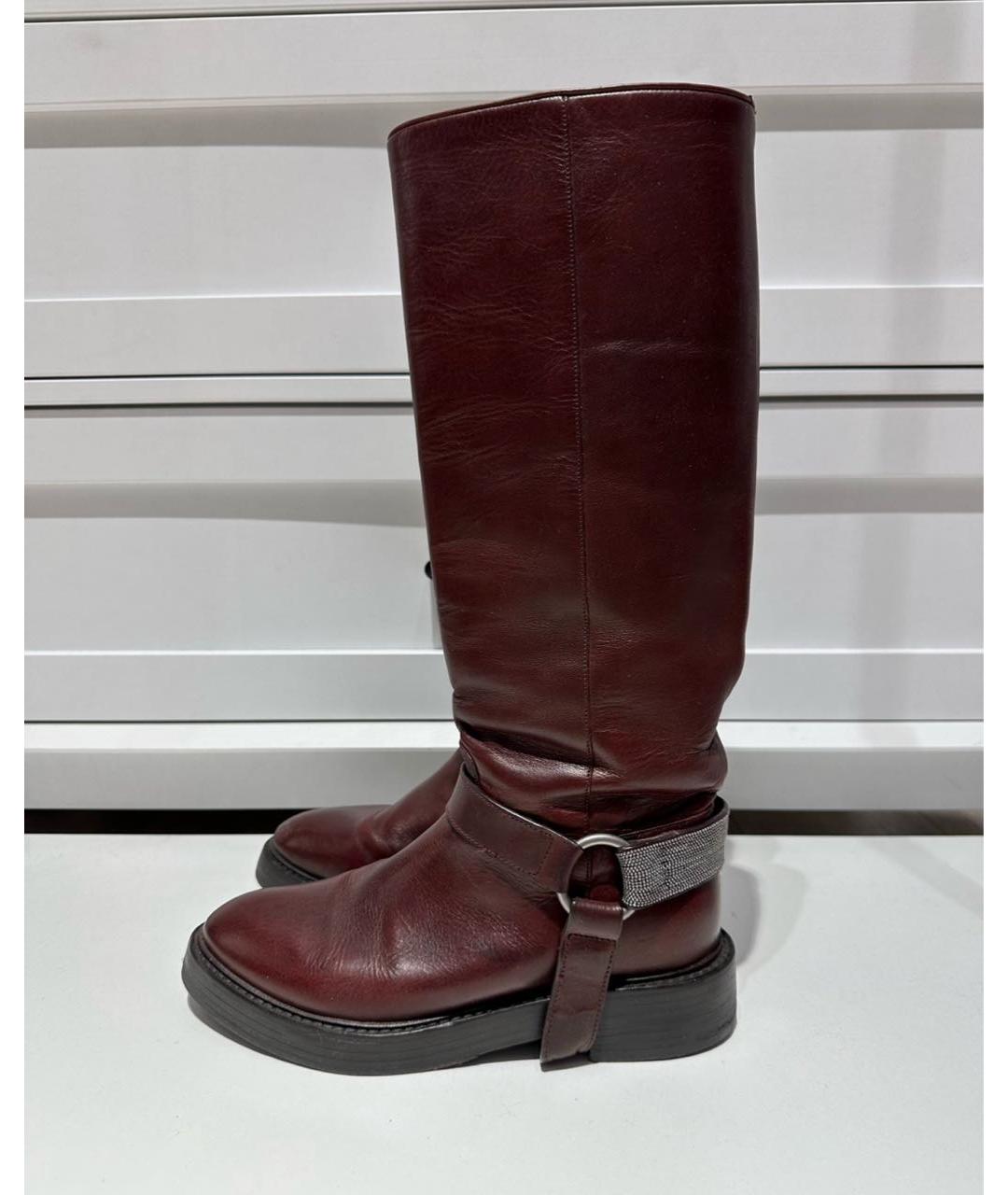 BRUNELLO CUCINELLI Бордовые кожаные сапоги, фото 5