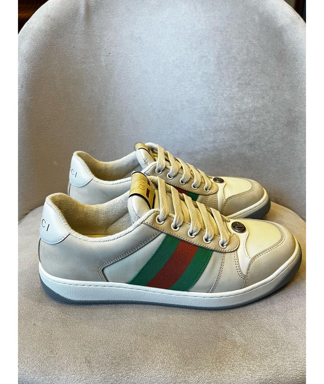 GUCCI Бежевые кожаные низкие кроссовки / кеды, фото 8