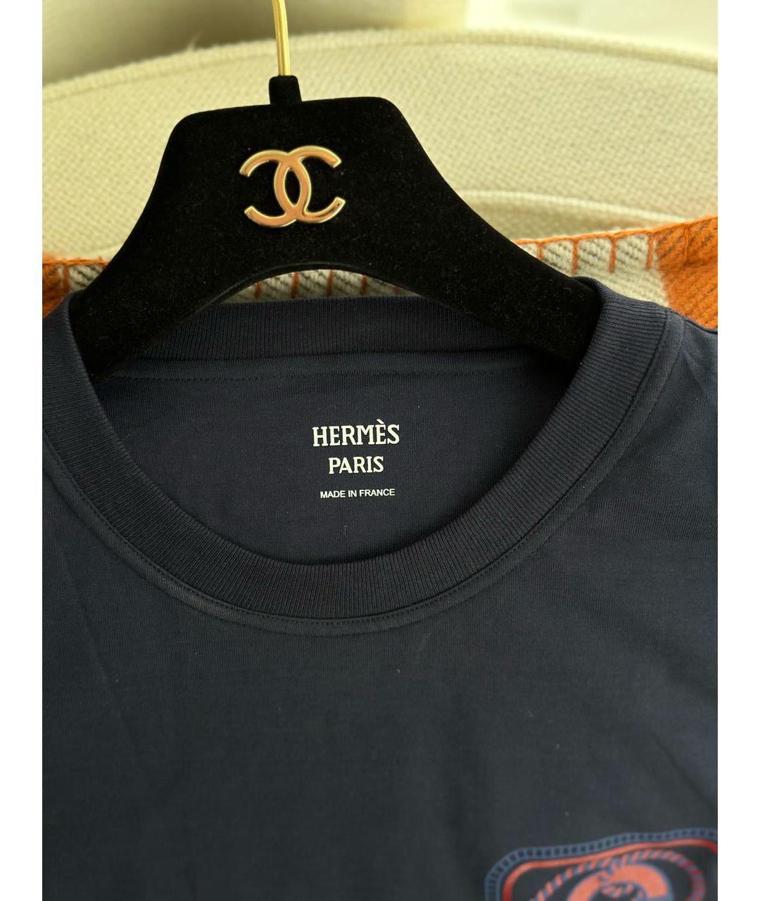 HERMES Темно-синяя хлопковая футболка, фото 3