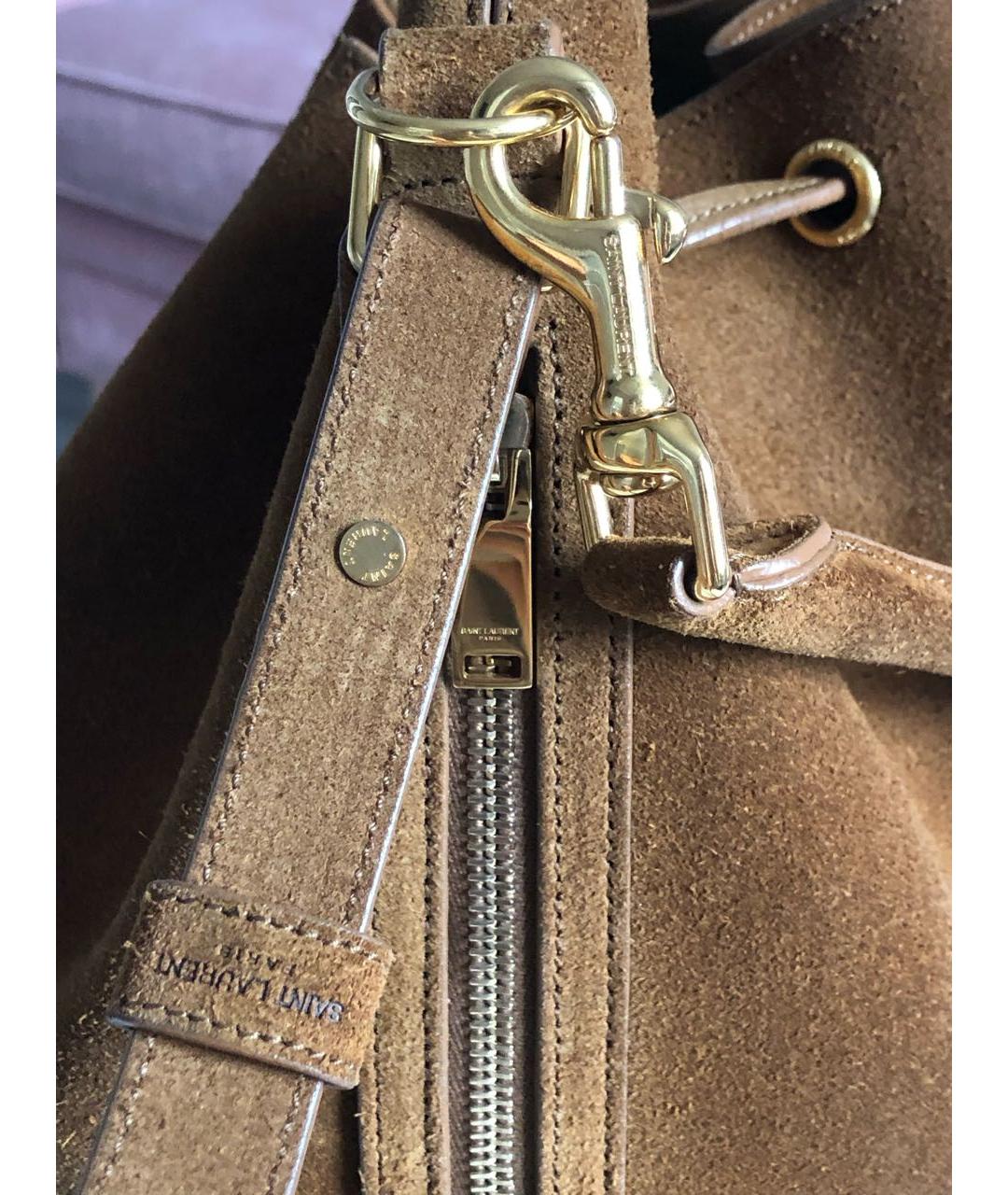 SAINT LAURENT Горчичная замшевая сумка с короткими ручками, фото 7