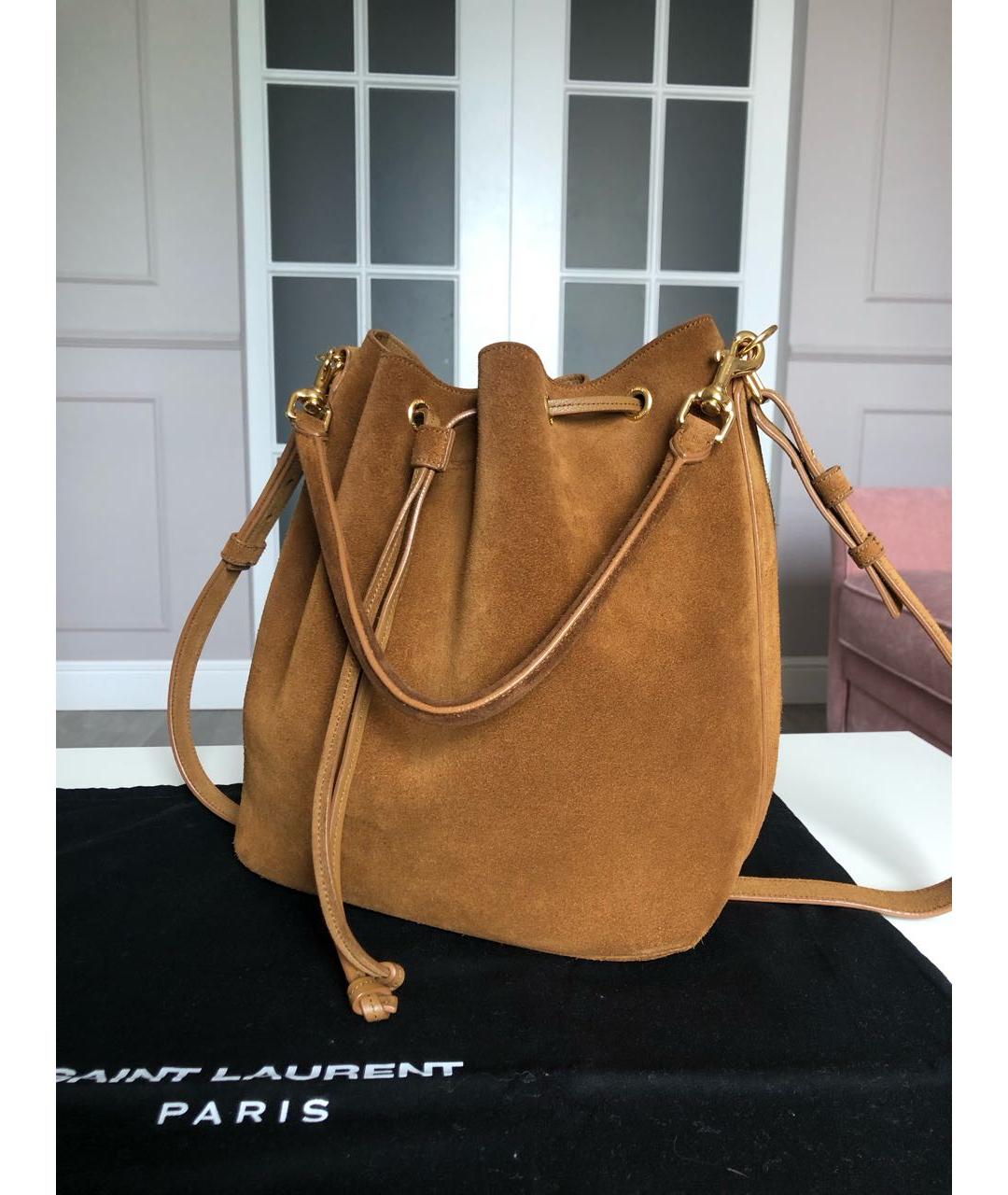 SAINT LAURENT Горчичная замшевая сумка с короткими ручками, фото 2