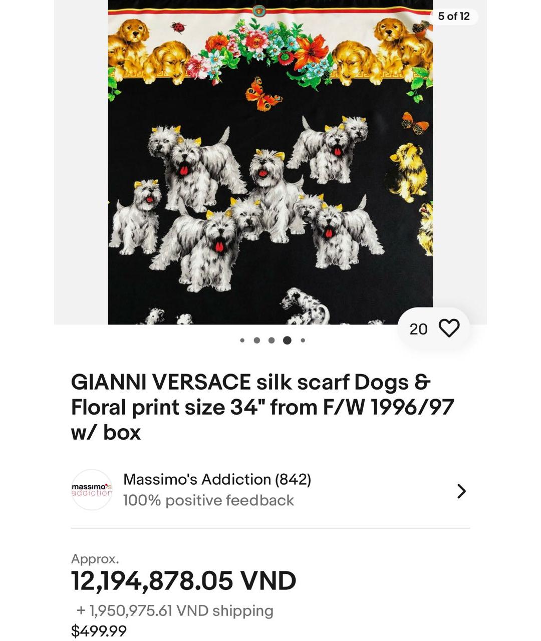 GIANNI VERSACE silk scarf Dogs & Floral print size 34 from F/W 1996/97 w/  box
