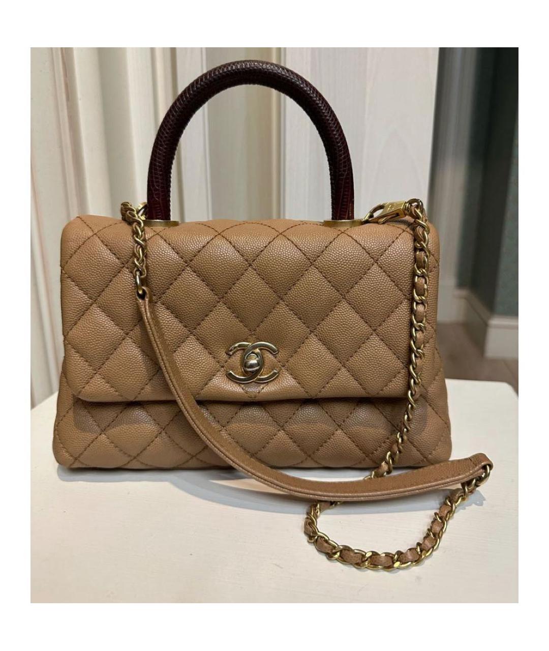 CHANEL Бежевая кожаная сумка с короткими ручками, фото 7