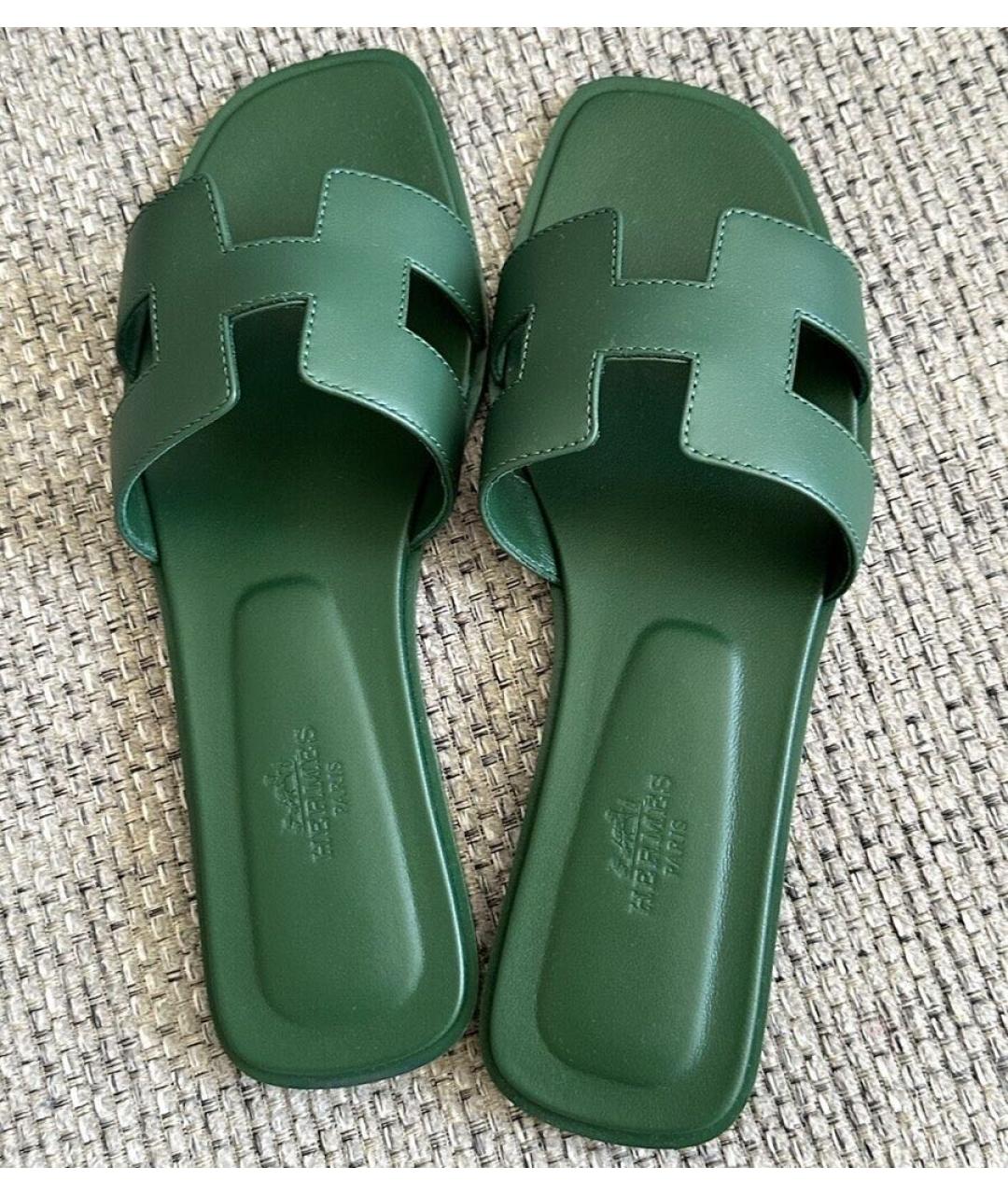 HERMES Зеленые кожаные сандалии, фото 5