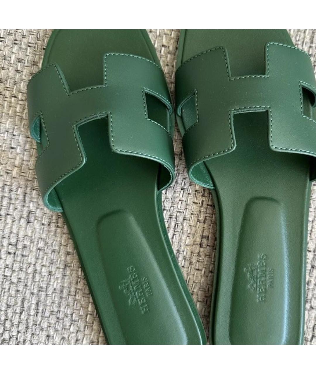 HERMES Зеленые кожаные сандалии, фото 3