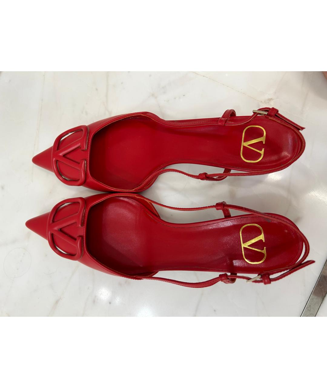 VALENTINO Красные кожаные лодочки на низком каблуке, фото 3