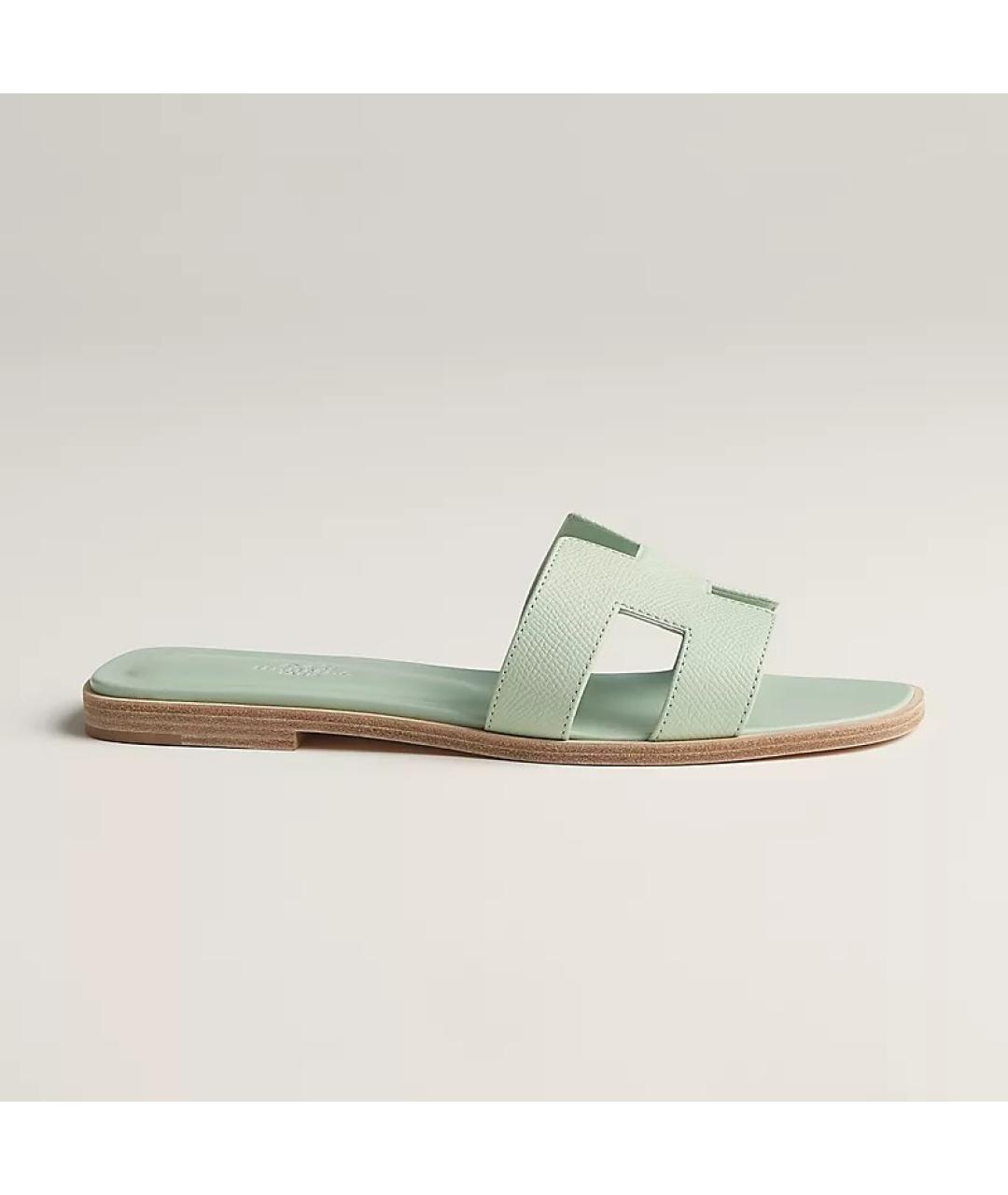 HERMES Салатовые кожаные шлепанцы, фото 8
