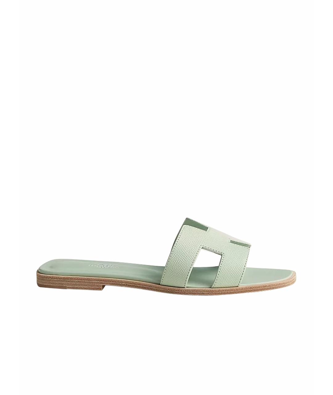 HERMES Салатовые кожаные шлепанцы, фото 1