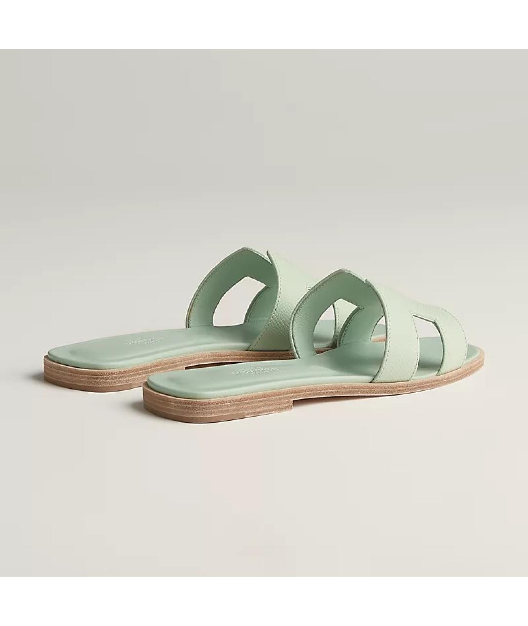 HERMES Салатовые кожаные шлепанцы, фото 4