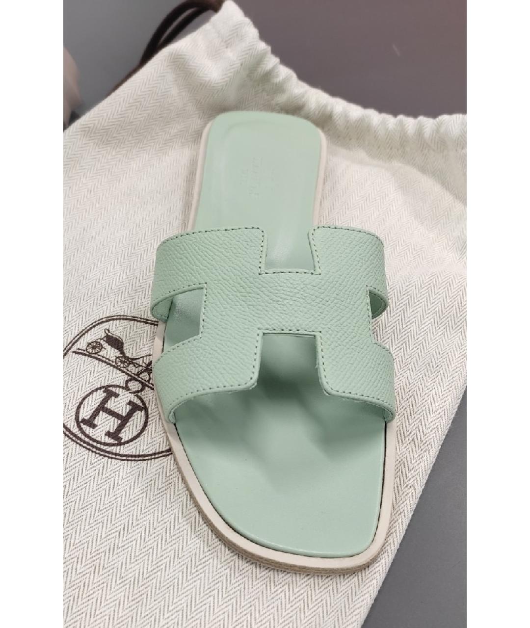 HERMES Салатовые кожаные шлепанцы, фото 6