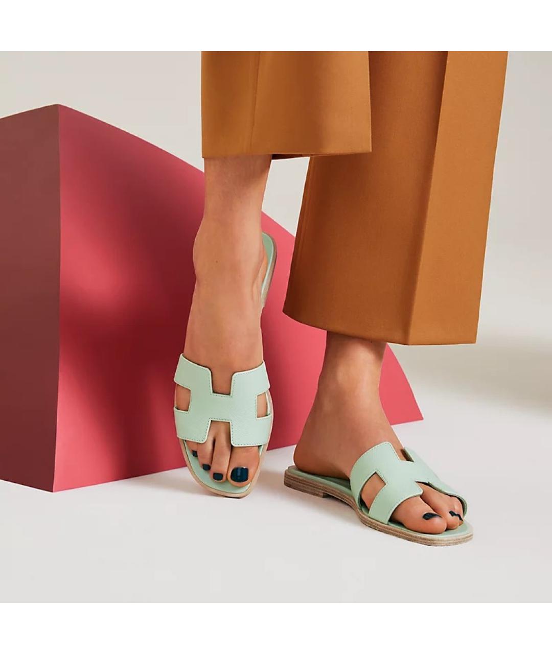 HERMES Салатовые кожаные шлепанцы, фото 3