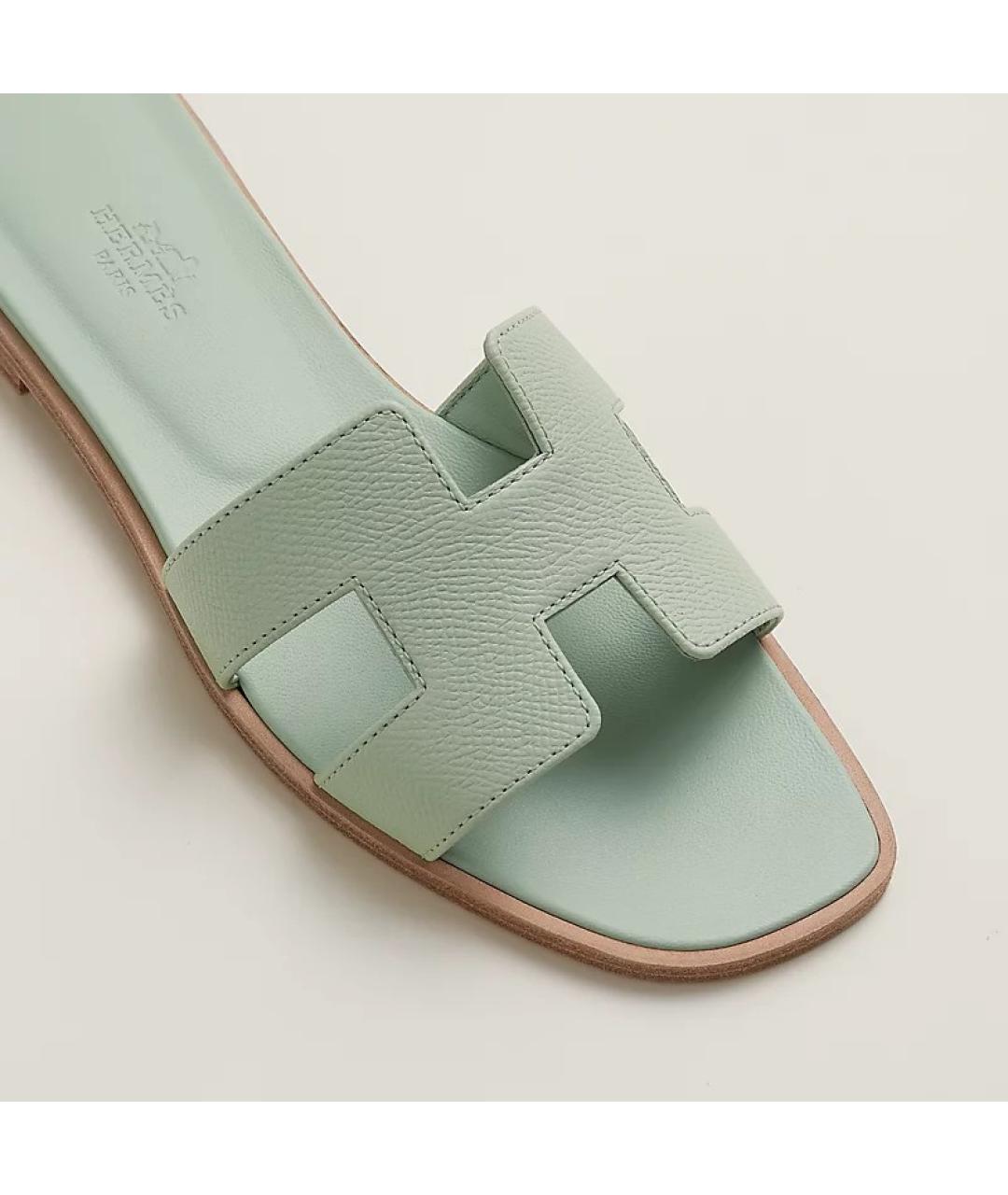 HERMES Салатовые кожаные шлепанцы, фото 5