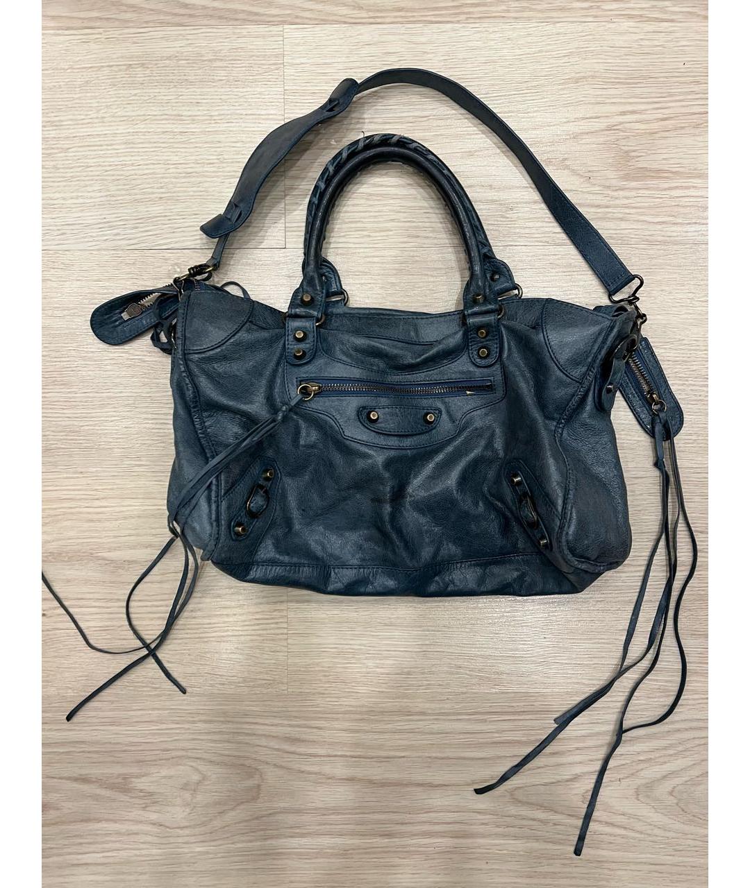 BALENCIAGA Темно-синяя кожаная сумка тоут, фото 9
