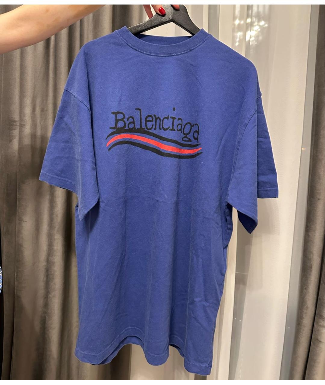BALENCIAGA Темно-синяя хлопковая футболка, фото 4