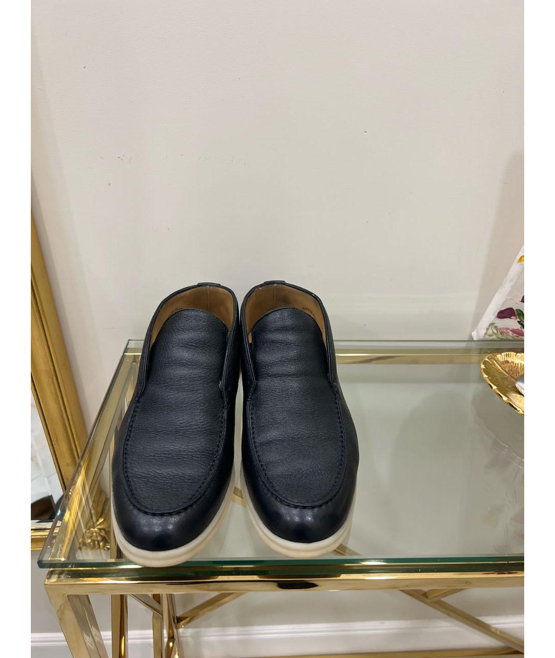 LORO PIANA Темно-синие кожаные низкие ботинки, фото 2