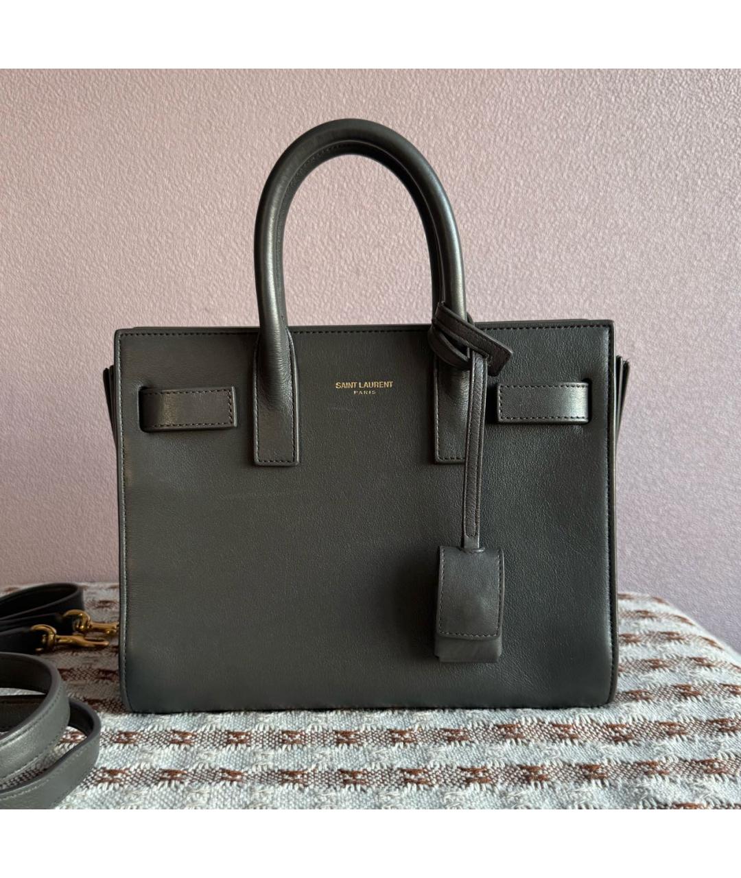 SAINT LAURENT Антрацитовая кожаная сумка с короткими ручками, фото 9