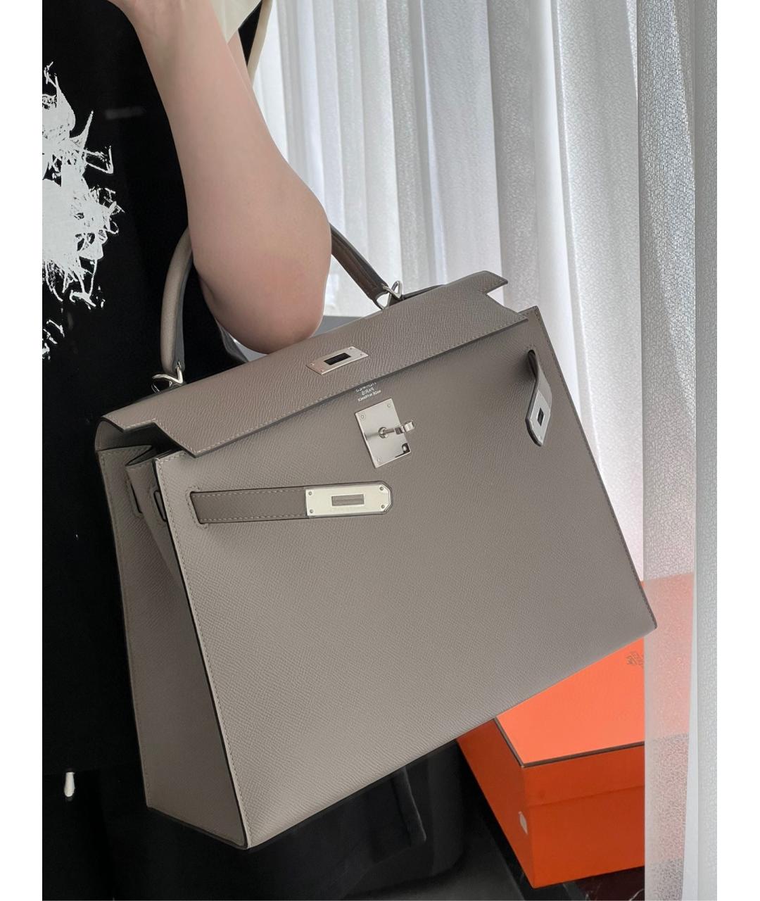 HERMES Серая кожаная сумка с короткими ручками, фото 4