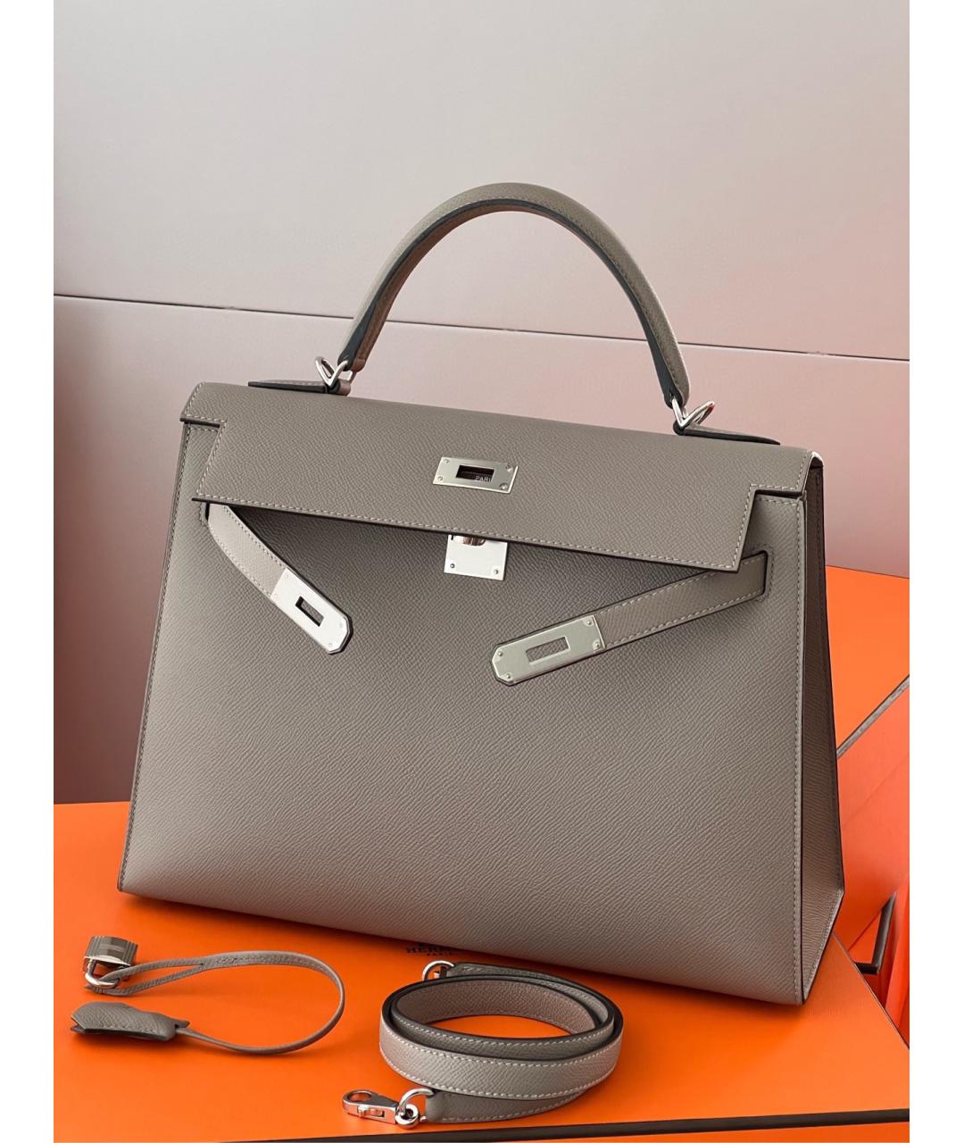 HERMES Серая кожаная сумка с короткими ручками, фото 7