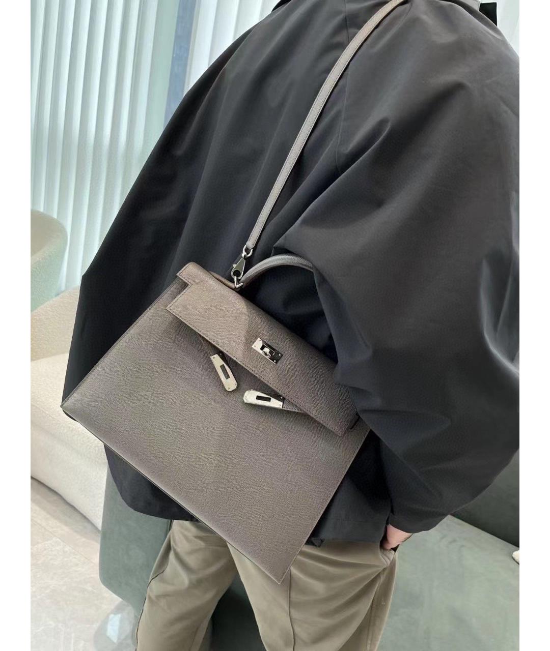 HERMES Серая кожаная сумка с короткими ручками, фото 5