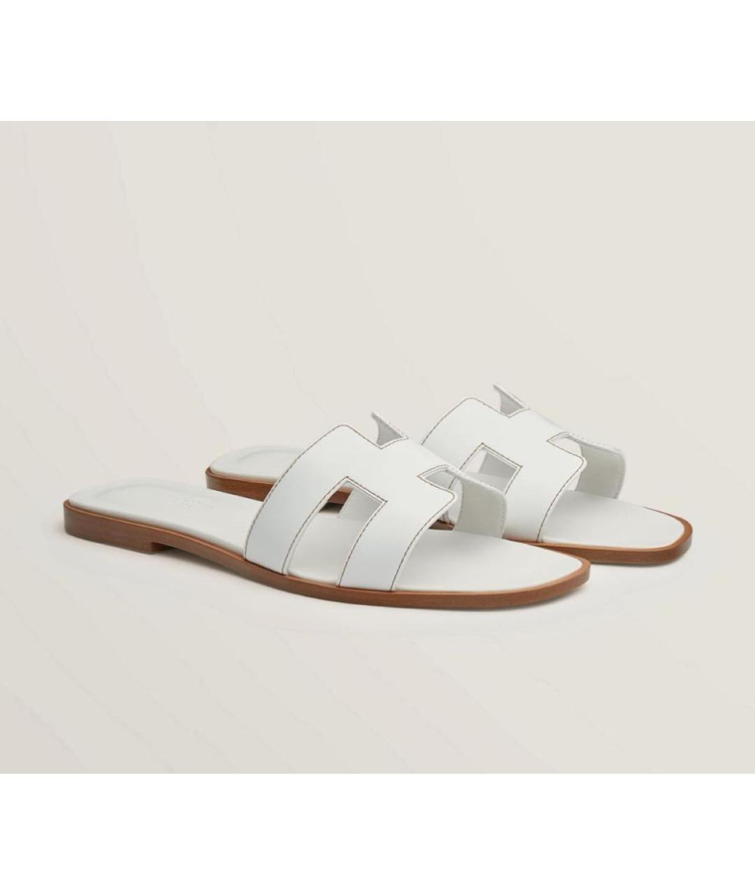HERMES Белые кожаные шлепанцы, фото 2
