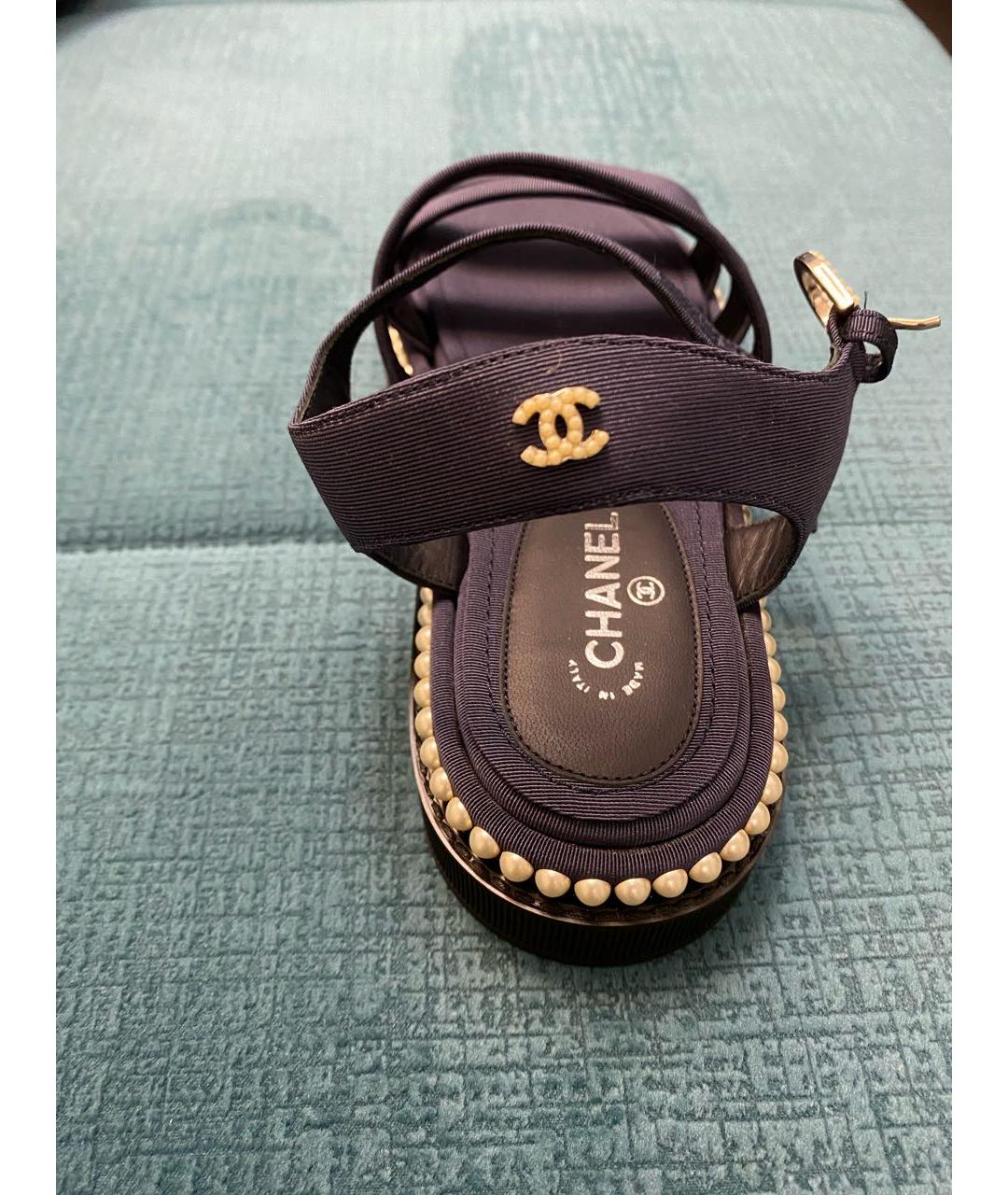 CHANEL PRE-OWNED Темно-синие текстильные сандалии, фото 3