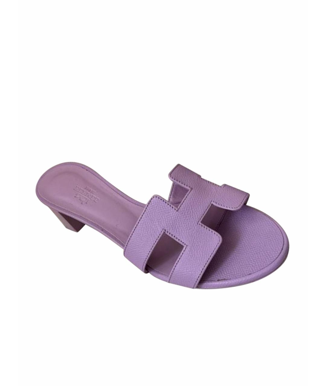 HERMES Фиолетовые кожаные шлепанцы, фото 1