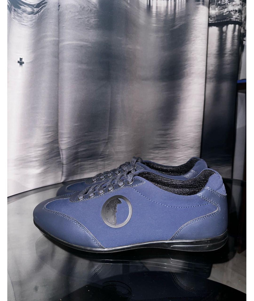 VERSACE COLLECTION Темно-синие кожаные низкие кроссовки / кеды, фото 6