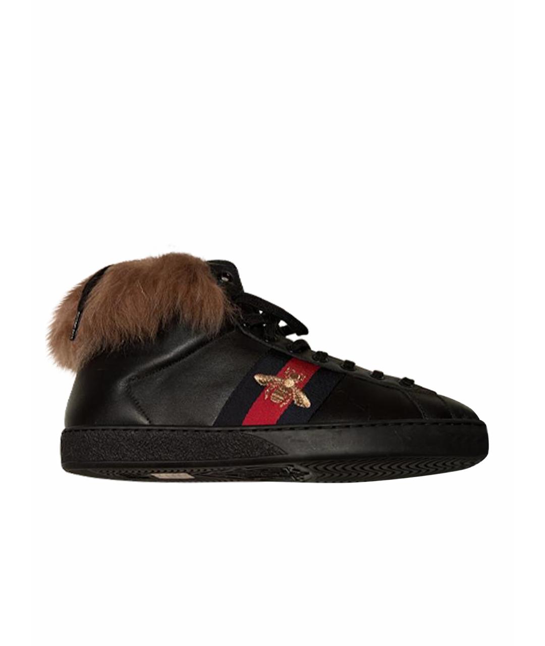 GUCCI Черные кожаные высокие кроссовки / кеды, фото 1