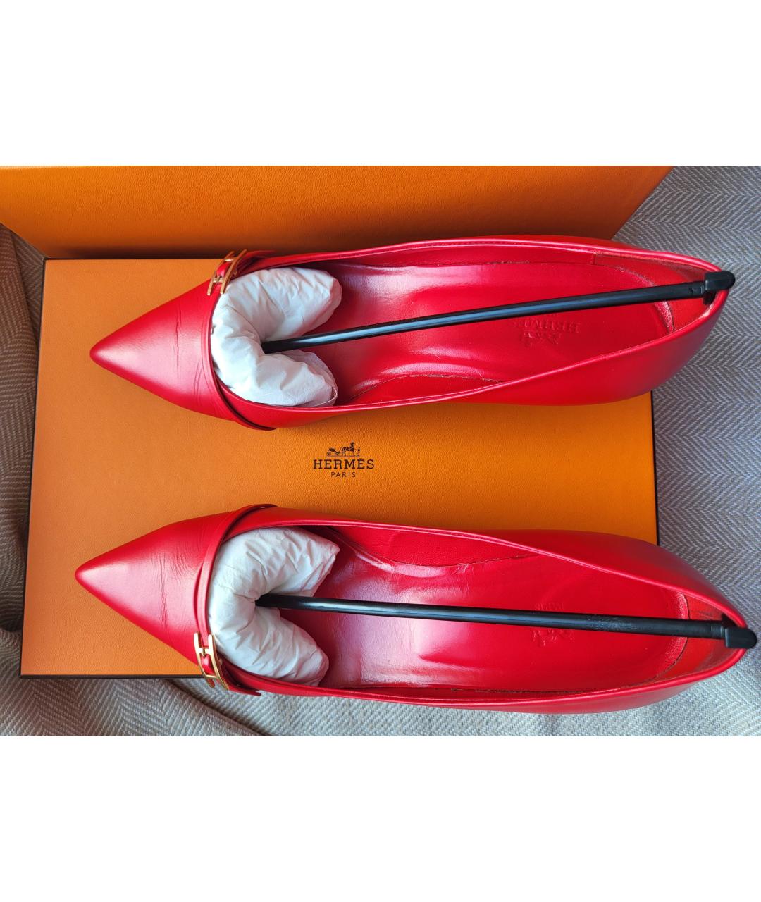 HERMES Красные кожаные лодочки на низком каблуке, фото 8