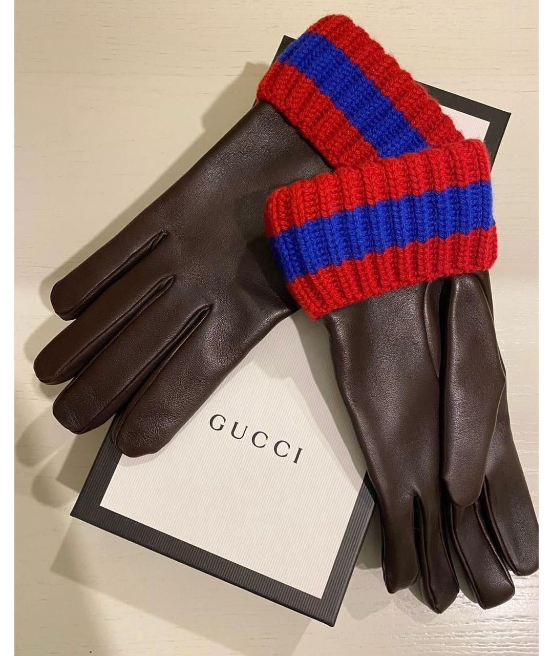 GUCCI Коричневые кожаные перчатки, фото 6