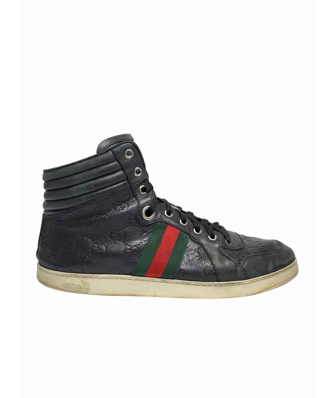 GUCCI Черные кожаные высокие кроссовки / кеды, фото 1