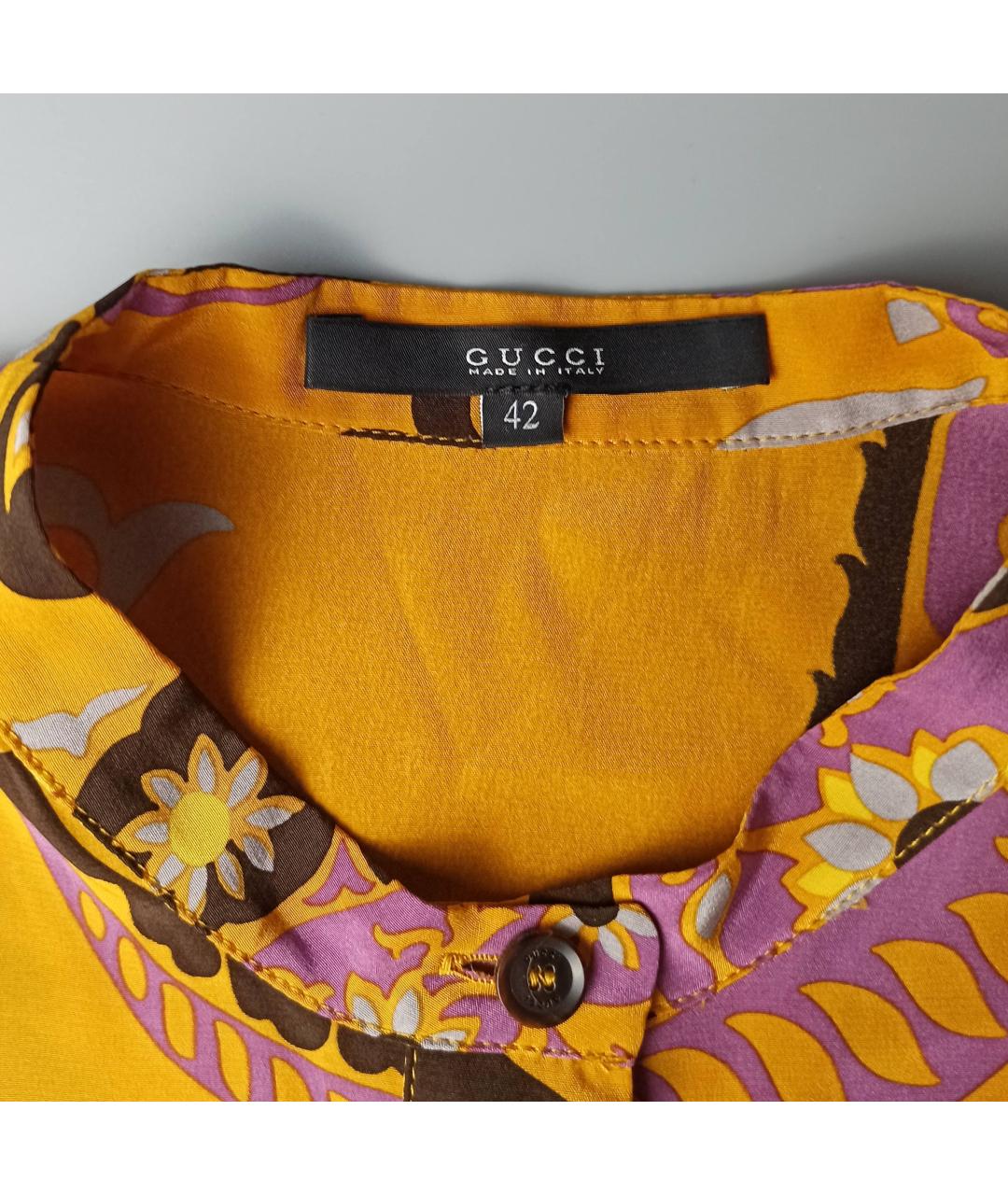 GUCCI Горчичная шелковая блузы, фото 2