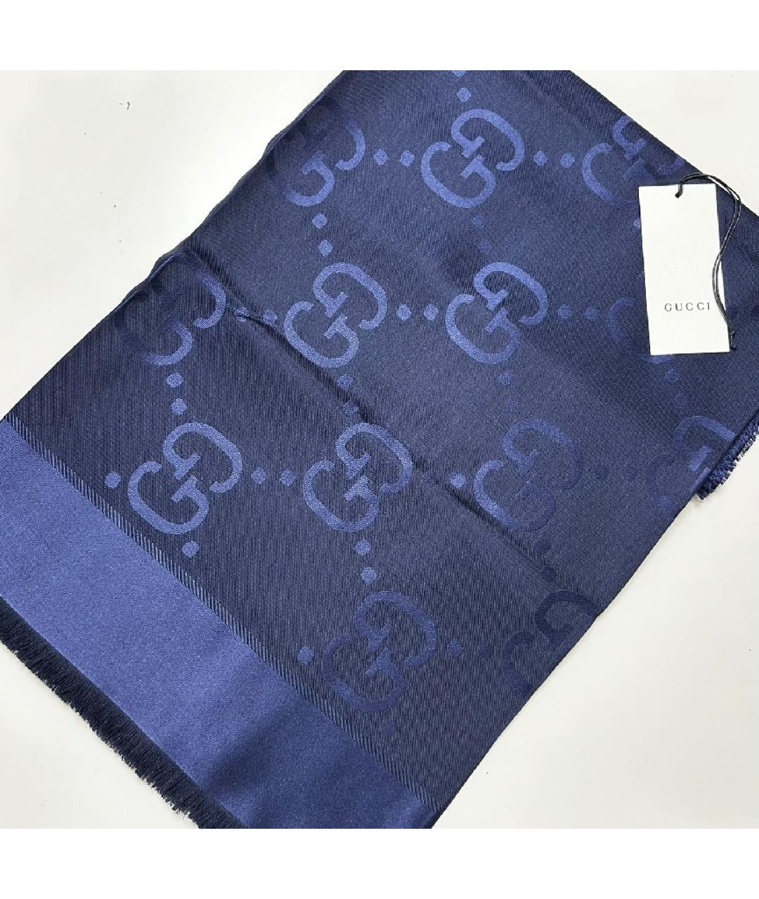 GUCCI Темно-синий шерстяной платок, фото 6