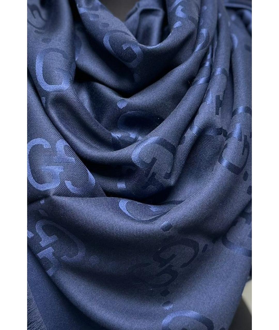 GUCCI Темно-синий шерстяной платок, фото 3