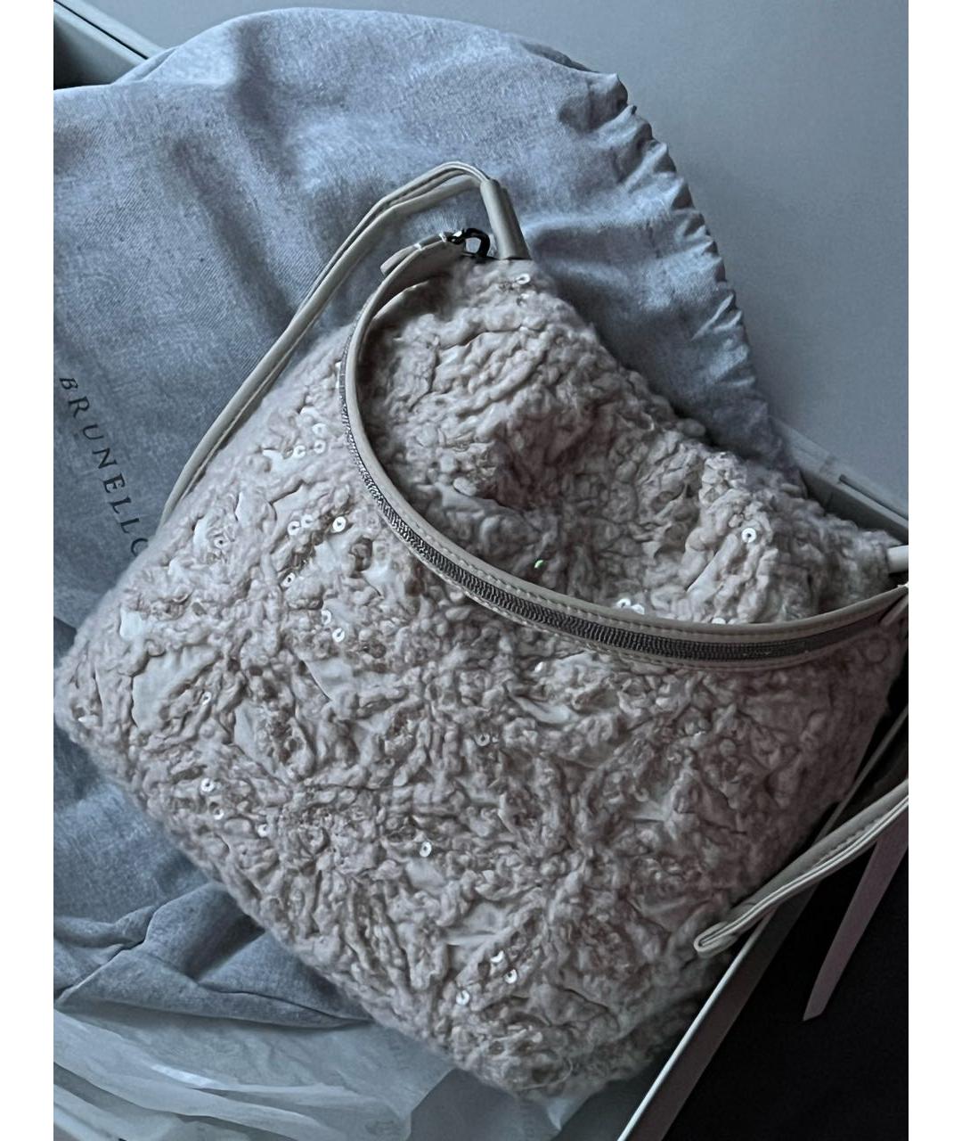 BRUNELLO CUCINELLI Бежевая шерстяная сумка с короткими ручками, фото 5