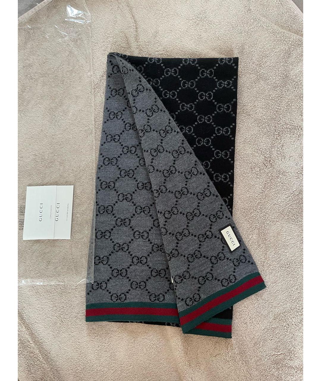 GUCCI Черный шерстяной шарф, фото 2